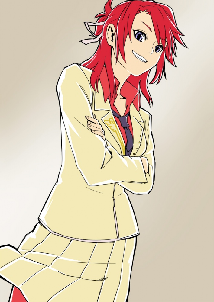ushiromiya battler, umineko no naku koro ni, gender request, 00s, 1girl, blue eyes, female focus, genderswap, jacket, necktie, red hair, ribbon, skirt, smile, solo