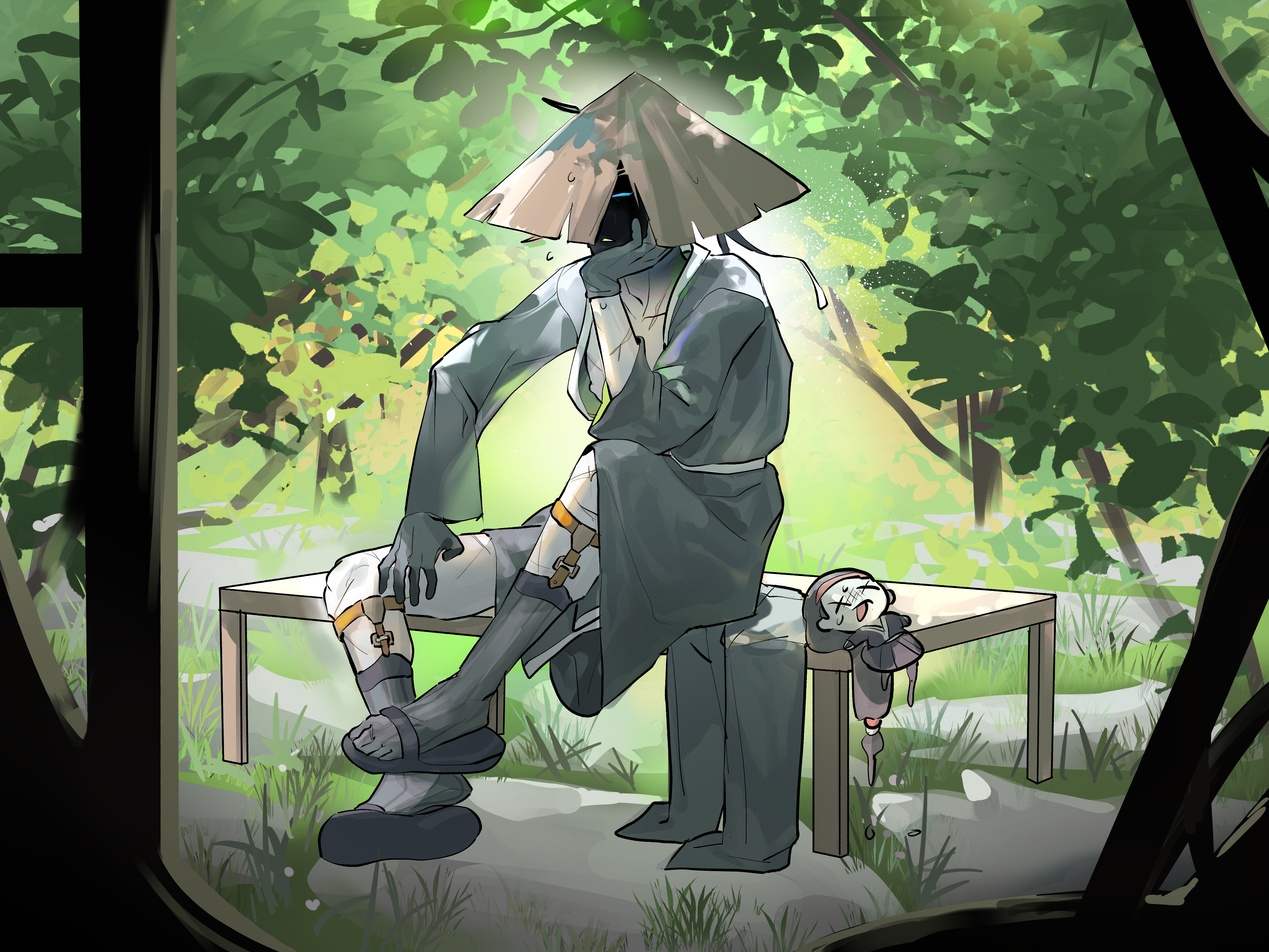 shoggoth (sirens20211), aeng-du (project moon), bamboo-hatted kim, limbus company, project moon, absurdres, commentary, highres, 1boy, 1girl, bench, black coat, black gloves, black kimono, black sandals, black shoes, blue eyes, chibi, coat, flying sweatdrops, gloves, glowing, glowing eyes, hairband, hand on own chin, hand on own hip, hat, japanese clothes, jingasa, kimono, leaf, leg up, long hair, open clothes, open coat, red hairband, sandals, scar, scar on arm, scar on chest, scar on face, scar on leg, shaded face, shoes, sitting, sweatdrop, torn clothes, torn hat, tree, very long hair, white trim, x x