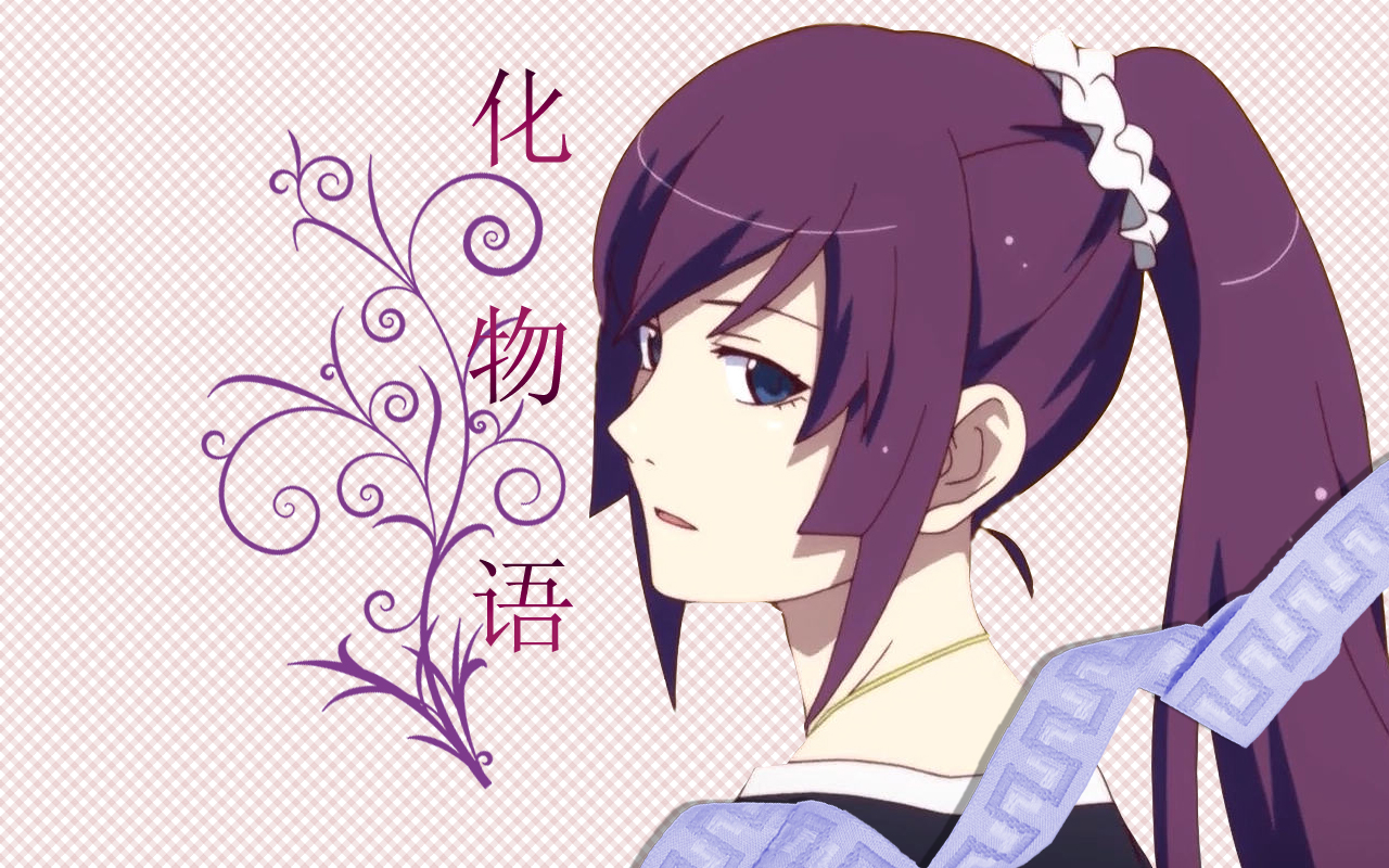 senjougahara hitagi, bakemonogatari, monogatari (series), translation request, 00s, 1girl, blue eyes, female focus, hime cut, japanese text, jewelry, looking at viewer, looking back, necklace, parted lips, plaid background, ponytail, purple hair, scrunchie, solo, text focus