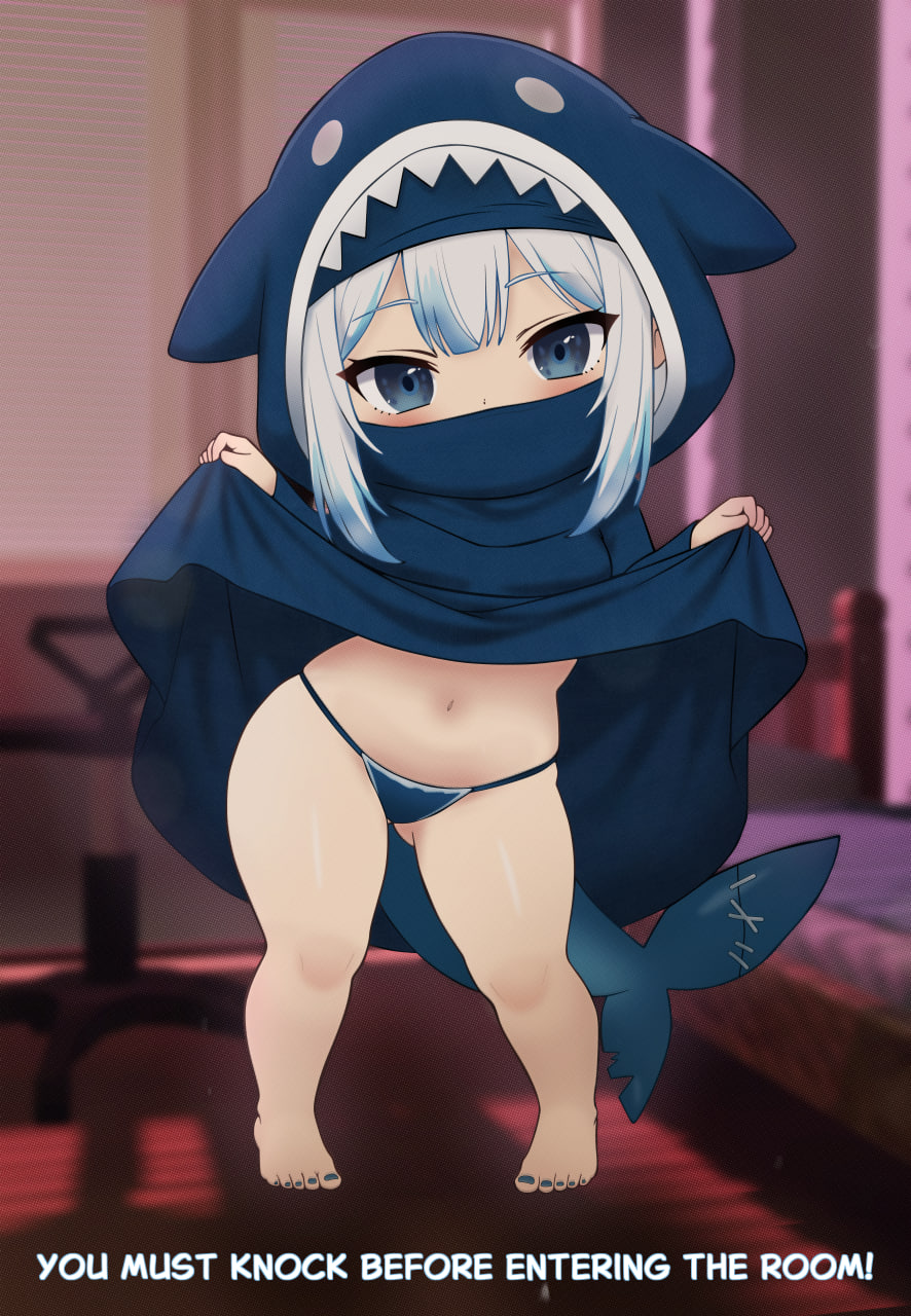 gawr gura, hololive, hololive english, 1girl, animal hood, bikini, blue eyes, blue hoodie, blush, curvy, fins, fish tail, hoodie, legs, looking at viewer, multicolored hair, navel, niqab, panties, shark, shark girl, shark hood, shark tail, solo, stomach, swimsuit, tail, thighs, thong, thong bikini, underwear, virtual youtuber, white hair