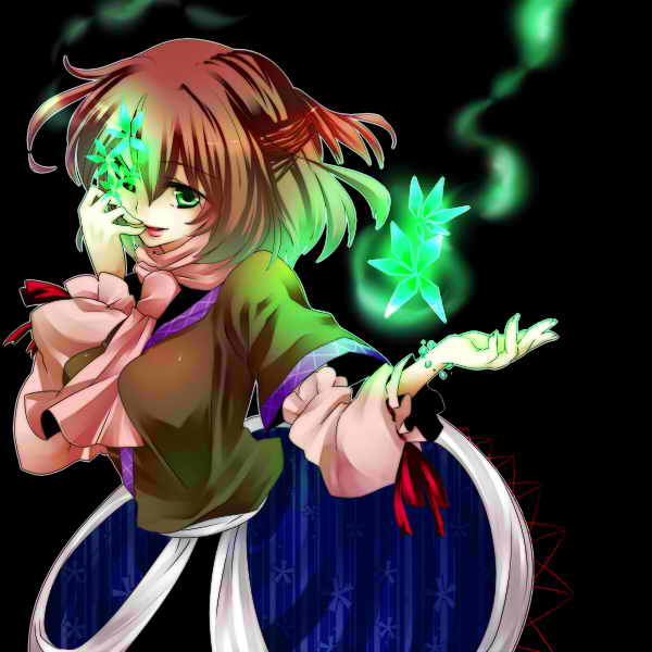 yutazou, mizuhashi parsee, touhou, bad id, bad pixiv id, 1girl, arm warmers, black background, blonde hair, bracelet, breasts, female focus, finger to mouth, glowing, green eyes, jewelry, lips, magic, pointy ears, short hair, solo, standing