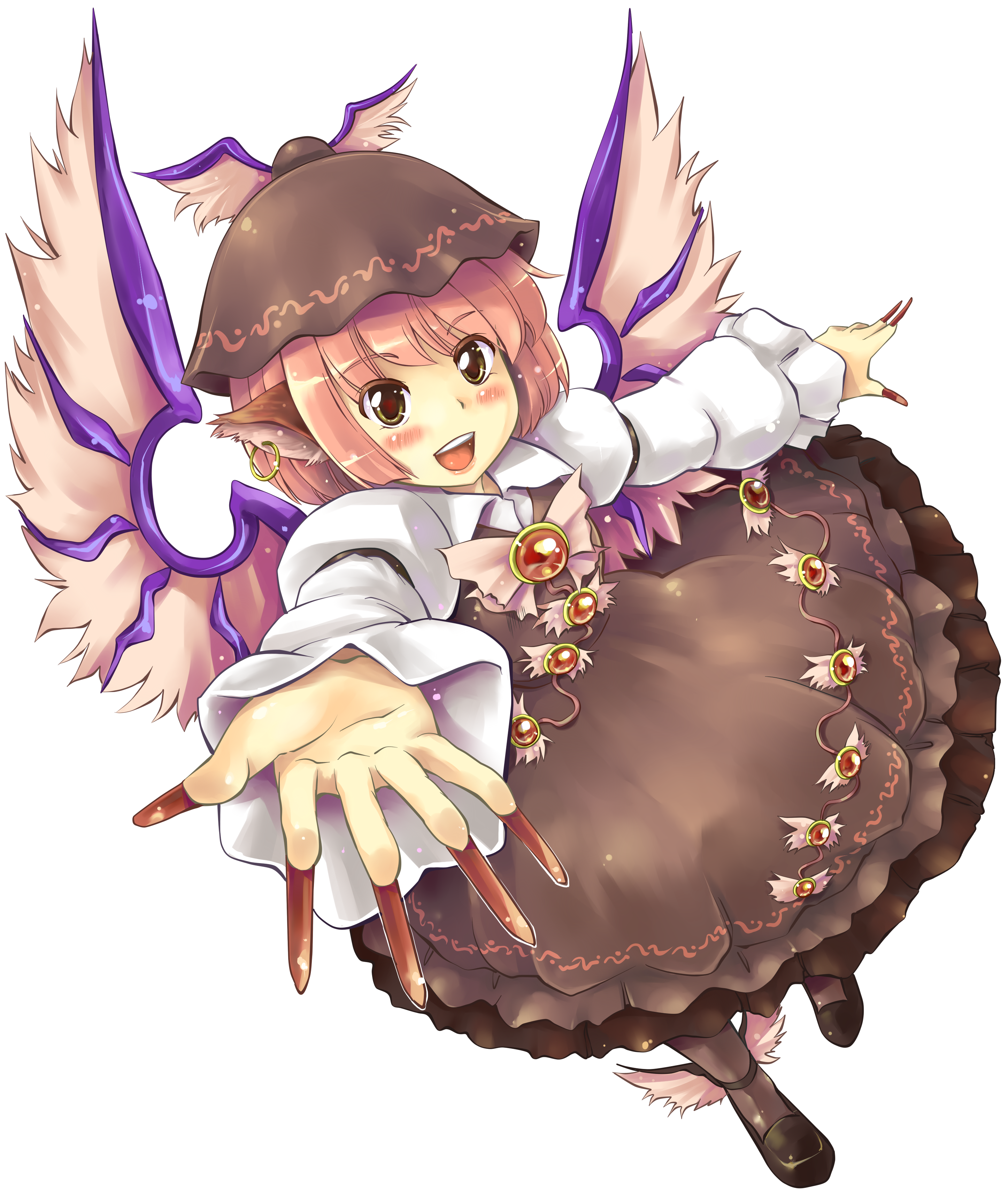 hitoshise, nise nanatsura, mystia lorelei, touhou, absurdres, bad id, bad pixiv id, highres, 1girl, animal ears, female focus, fingernails, full body, long fingernails, nail (hardware), pink hair, short hair, solo, transparent background, wings