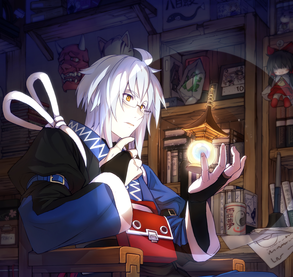 eho (icbm), kaiho, hakurei reimu, inaba tewi, konpaku youmu, morichika rinnosuke, reisen udongein inaba, yakumo ran, yakumo yukari, touhou, silver hair, bad id, bad pixiv id, 1boy, ahoge, bishamonten's pagoda, dark, doll, frog, gap (touhou), glasses, hannya, ice, kourindou, male focus, maneki-neko, mask, noh mask, oni, oni mask, short hair, sitting, solo, yellow eyes, yin yang