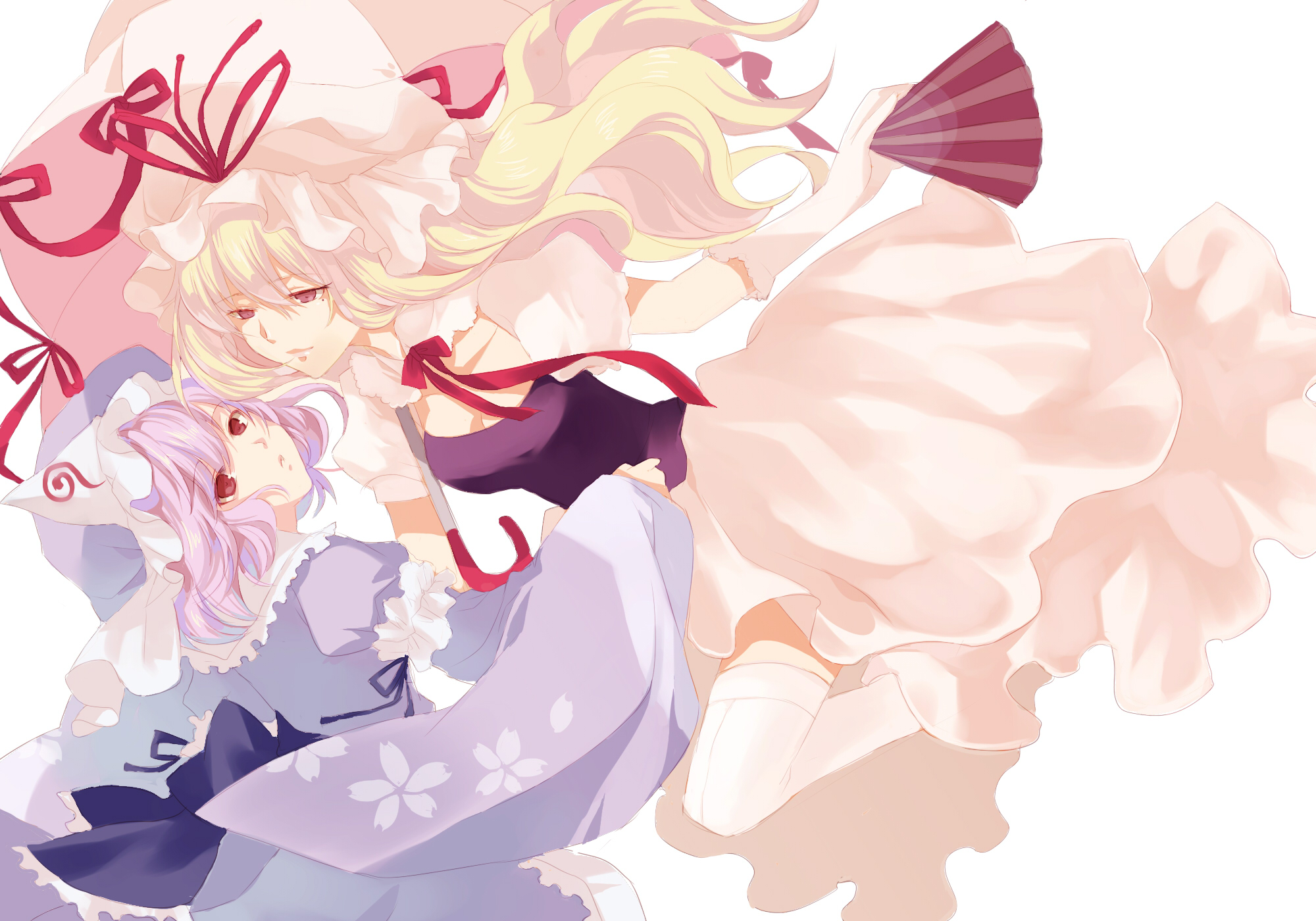 maruko, saigyouji yuyuko, yakumo yukari, touhou, highres, 2girls, blonde hair, dress, female focus, gloves, hand fan, hat, long hair, multiple girls, pink eyes, pink hair, purple eyes, ribbon, short hair, thighhighs, umbrella