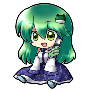 fukumitsu (kirarirorustar), kochiya sanae, touhou, lowres, 1girl, :d, chibi, detached sleeves, female focus, frog, full body, green eyes, green hair, hair ornament, japanese clothes, miko, open mouth, sitting, smile, snake, solo, transparent background