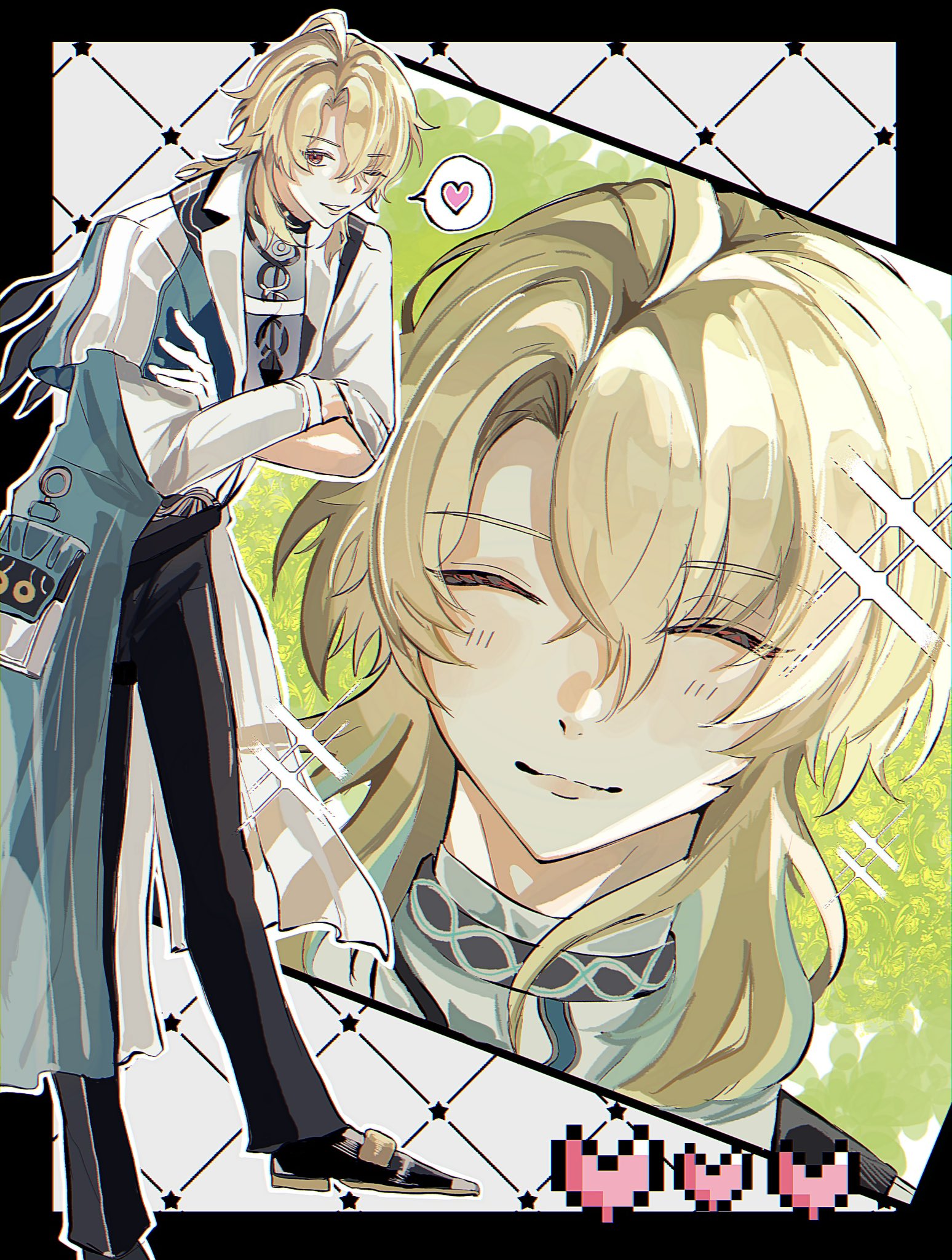 mau chan, luuk herssen (wuthering waves), wuthering waves, commentary request, highres, 1boy, belt, black pants, black shoes, closed eyes, coat, crossed arms, gloves, hair between eyes, heart, lapels, long sleeves, male focus, medium hair, multiple views, one eye closed, pants, parted hair, shirt, shoes, smile, speech bubble, spoken heart, standing, white gloves