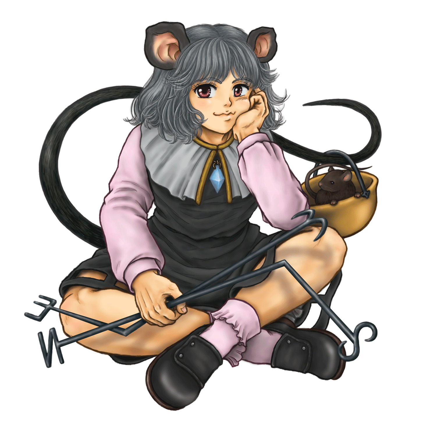 inukai tamiyo, nazrin, touhou, highres, 1girl, animal ears, basket, female focus, full body, grey hair, jewelry, mouse (animal), mouse ears, mouse tail, pendant, red eyes, short hair, simple background, solo, tail, transparent background