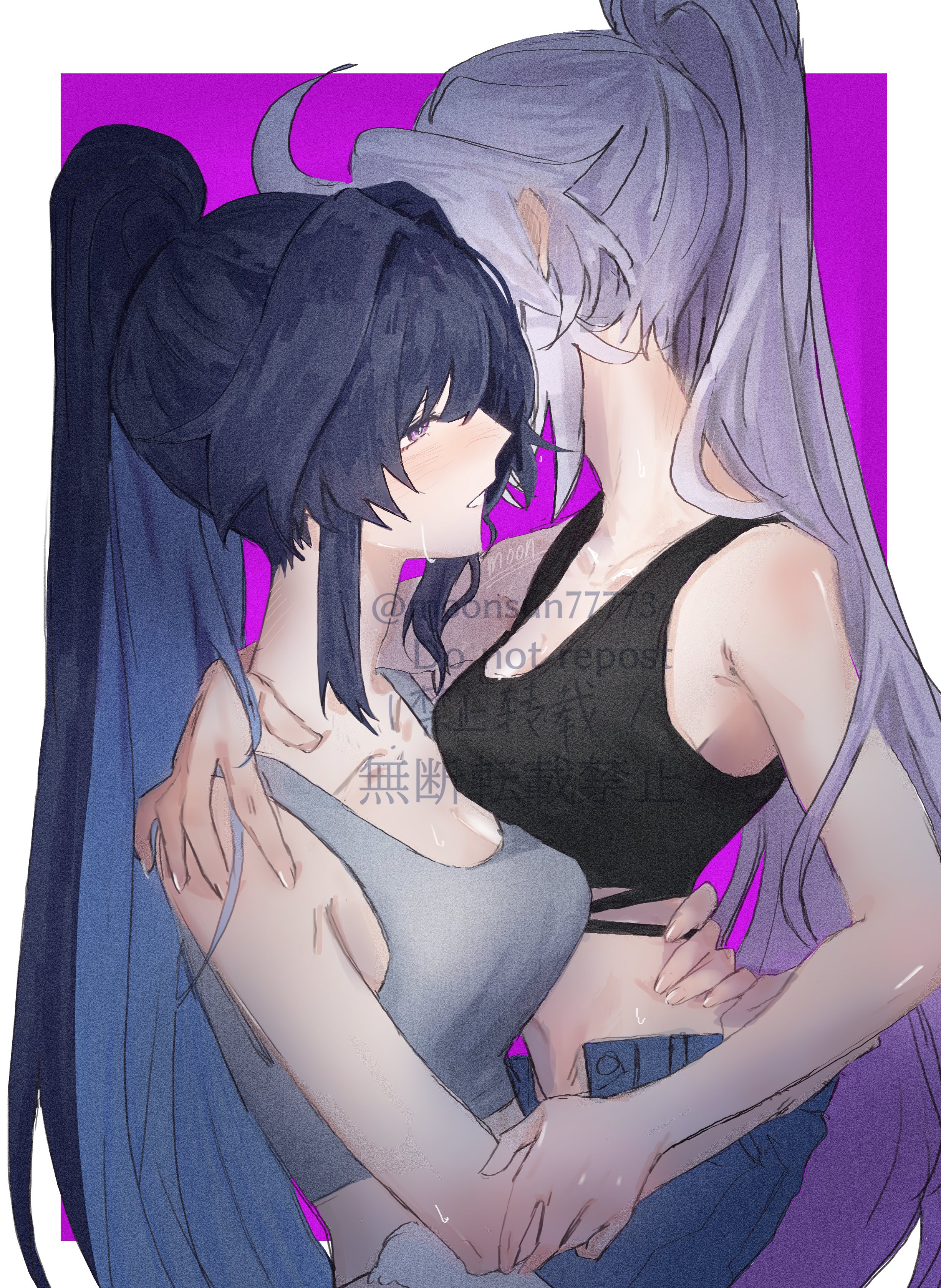 moonsun77773, kiana kaslana, kiana kaslana (herrscher of finality), raiden mei, raiden mei (herrscher of origin), honkai (series), honkai impact 3rd, absurdres, commentary request, highres, 2girls, ahoge, alternate costume, breasts, cleavage, colored inner hair, from side, grabbing another's arm, gradient hair, high ponytail, long hair, medium breasts, midriff peek, multicolored hair, multiple girls, ponytail, purple eyes, purple hair, sweatdrop, tank top, torso grab, very long hair, watermark, white hair, yuri
