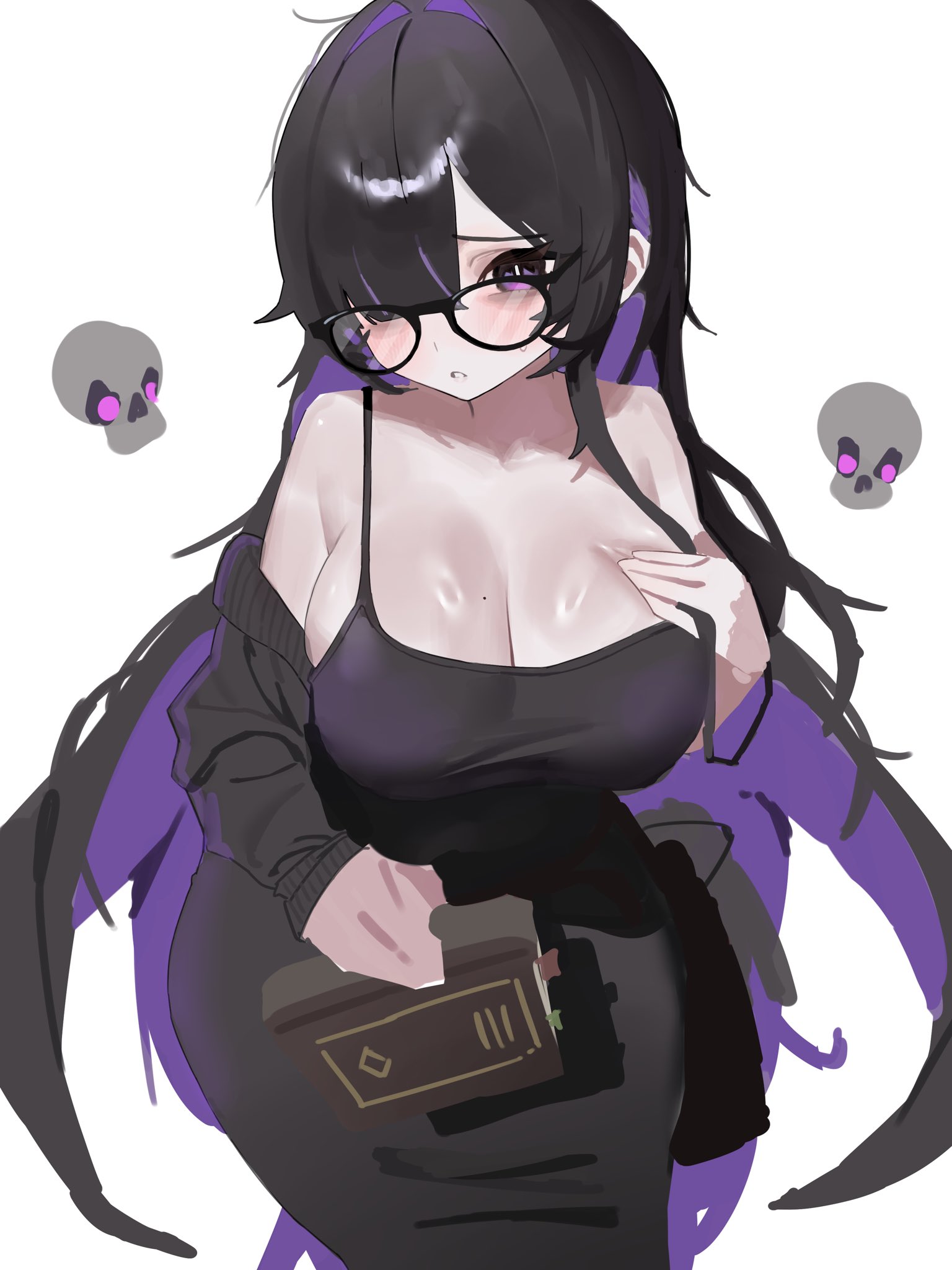 label (nikke), goddess of victory: nikke, hashtag-only commentary, highres, 1girl, 570 ml, black-framed eyewear, black cardigan, black dress, black hair, blush, breasts, cardigan, cleavage, collared shirt, colored inner hair, dress, glasses, hair between eyes, hair over one eye, large breasts, long hair, looking at viewer, mole, mole on breast, multicolored hair, one eye covered, parted lips, purple eyes, purple hair, shirt, simple background, solo, very long hair, white background