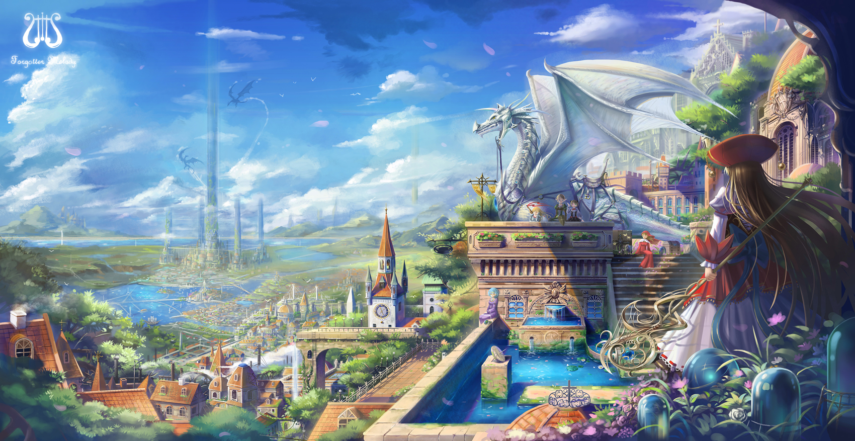 saber 01, eternita, highres, 6+girls, blonde hair, blue hair, brown hair, building, city, cityscape, dragon, dress, landscape, long hair, multiple girls, pointy ears, scenery, staff, very long hair, water