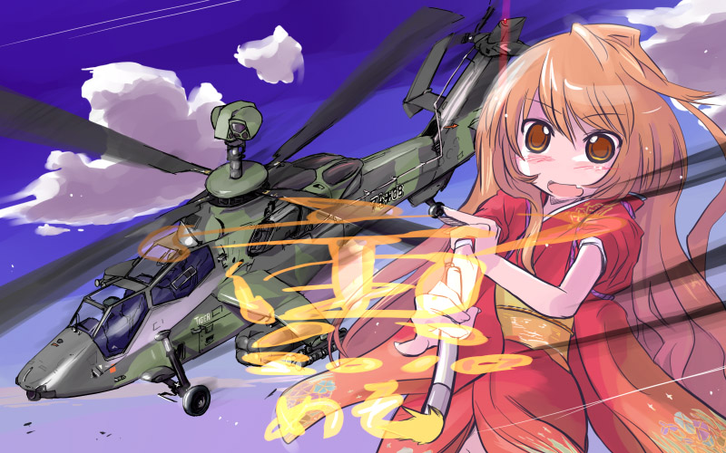 mtr, aisaka taiga, toradora!, 00s, 10s, 1girl, 2010, aircraft, attack helicopter, blush, brown eyes, brown hair, calligraphy brush, cloud, day, female focus, helicopter, japanese clothes, long hair, military, military vehicle, new year, paintbrush, sky, solo