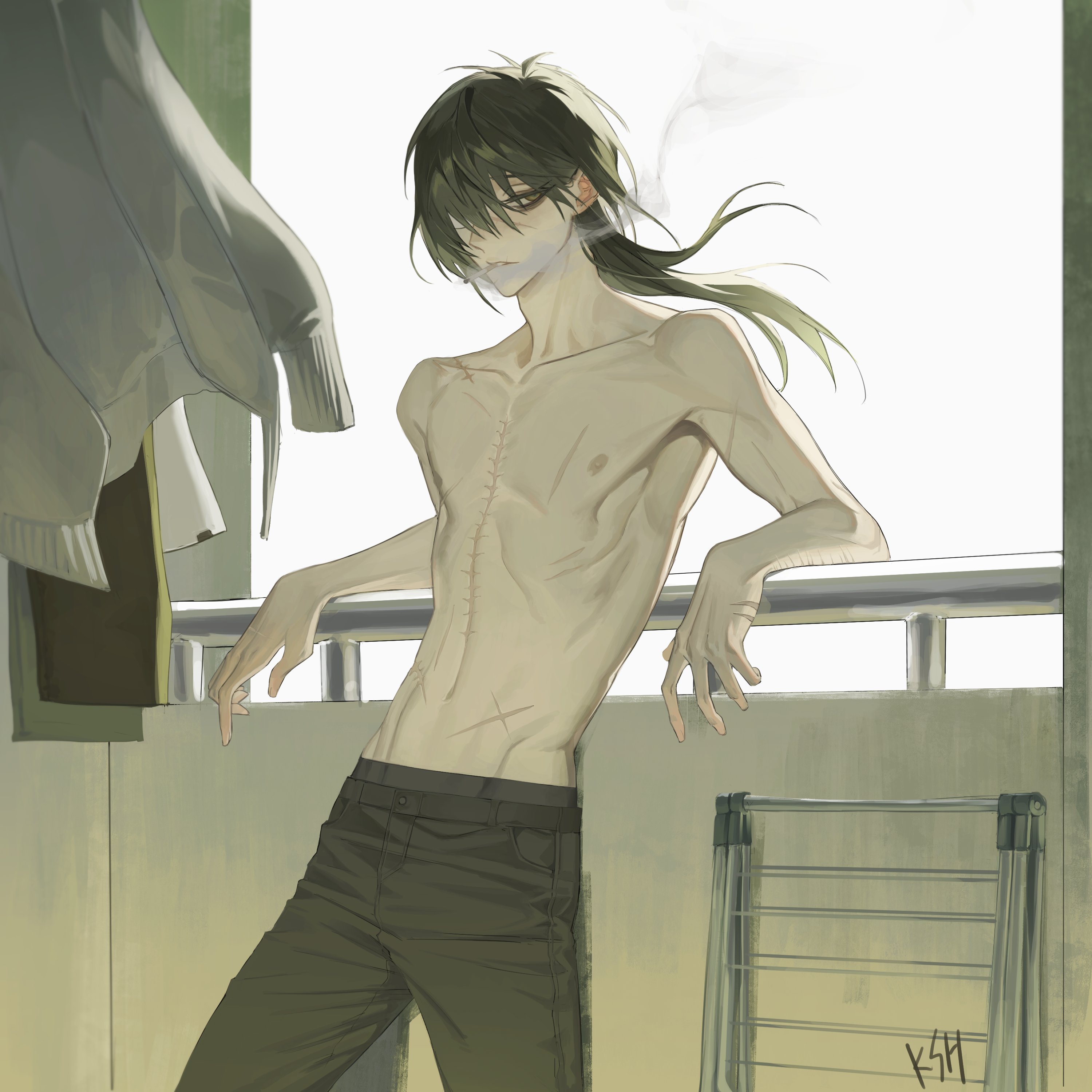 kshwan181, towa (slow damage), slow damage, absurdres, hashtag-only commentary, highres, 1boy, bags under eyes, balcony, black hair, black pants, cigarette, cowboy shot, eyepatch, gradient hair, hair between eyes, long hair, looking at viewer, male focus, multicolored hair, nipples, outdoors, pants, parted lips, scar, scar on arm, scar on chest, scar on face, scar on hand, scar on mouth, smoke, smoke trail, smoking, solo, topless male, yellow eyes