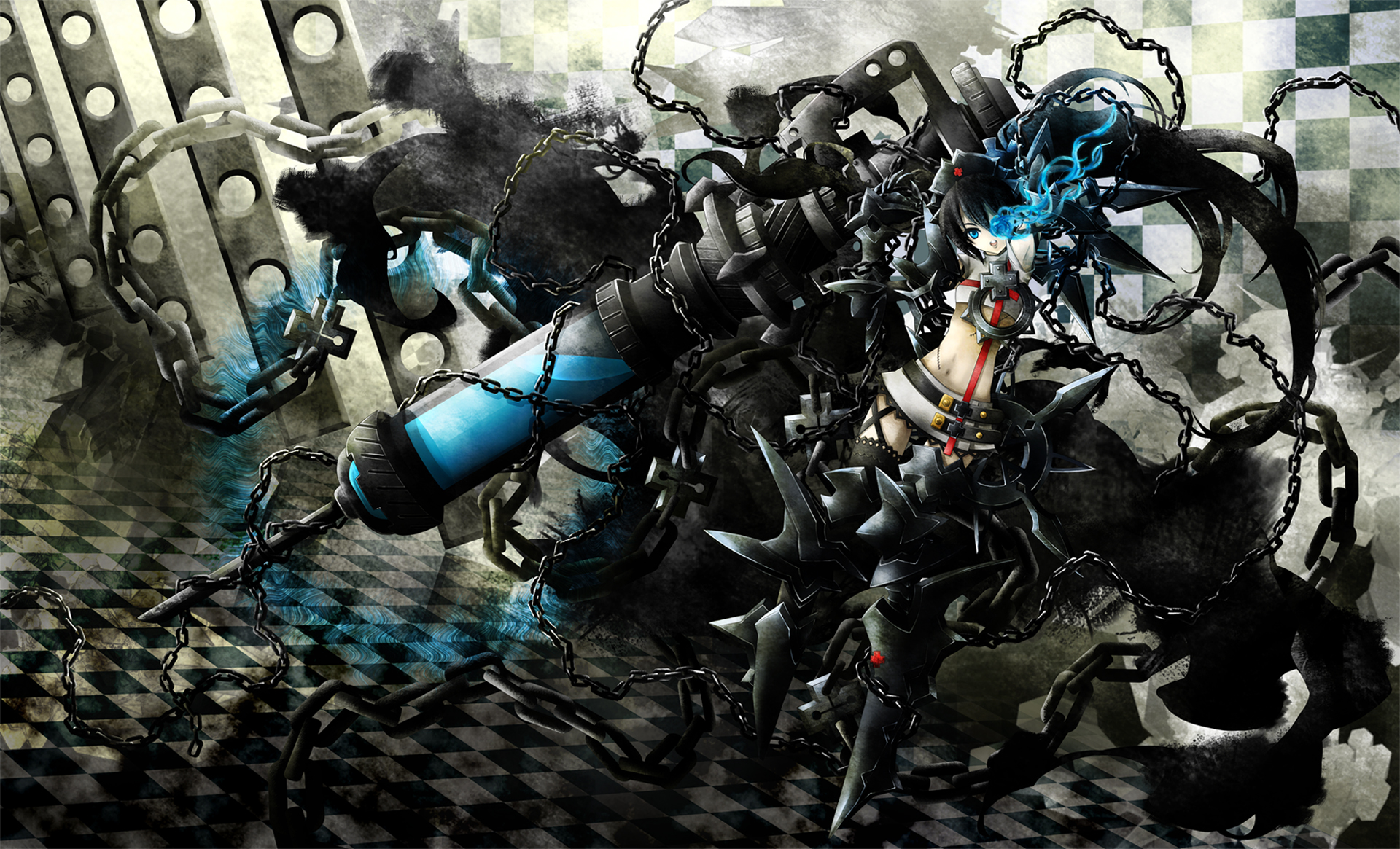 gene (pixiv), black rock shooter (character), black rock shooter, highres, 10s, 1girl, adapted costume, black hair, blue eyes, chain, checkered floor, female focus, floor, glowing, glowing eyes, hat, large syringe, navel, nurse cap, oversized object, skirt, solo, syringe, thighhighs