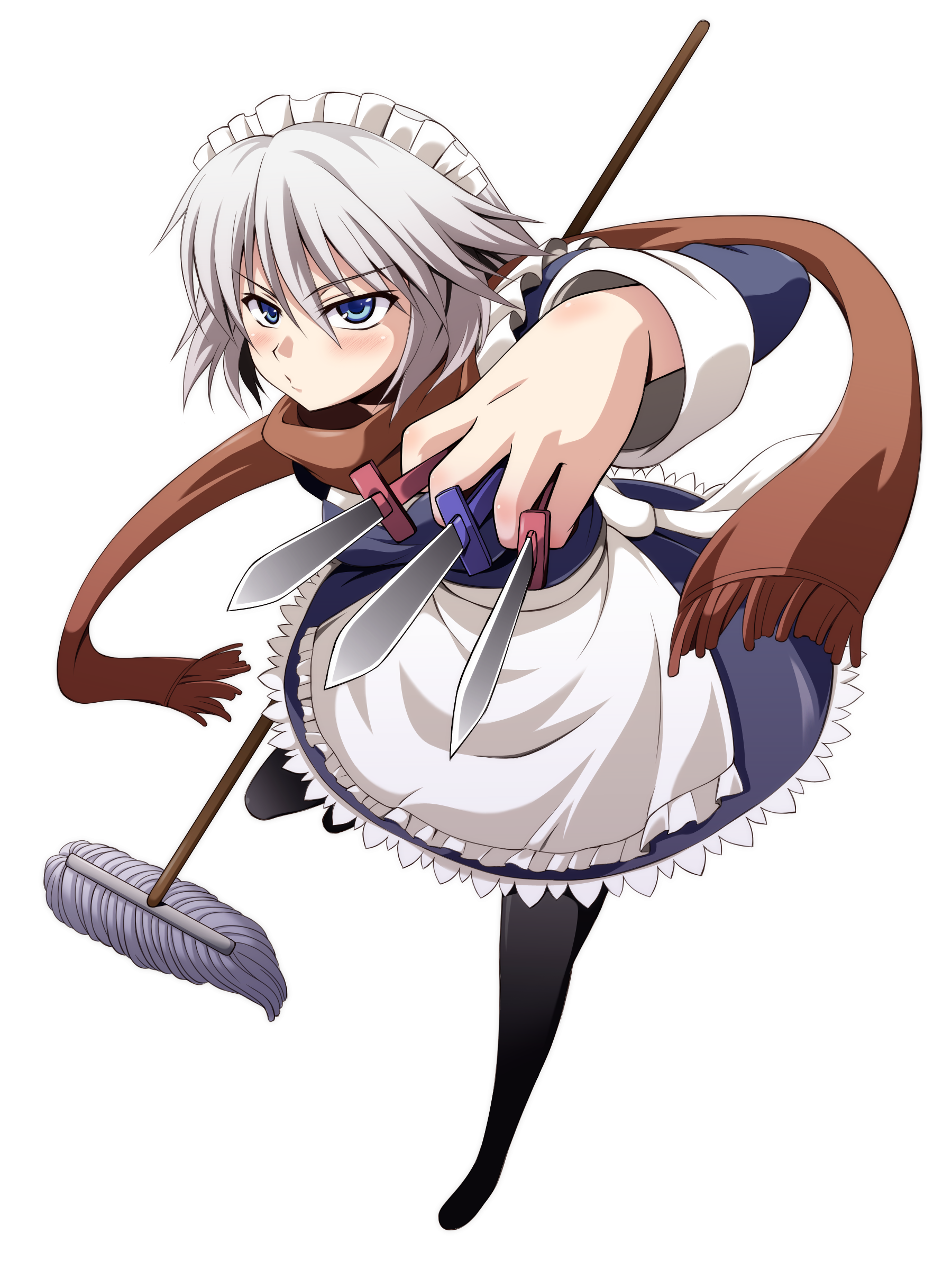 uraichishi, izayoi sakuya, perfect cherry blossom, touhou, silver hair, absurdres, bad id, bad pixiv id, highres, 1girl, black pantyhose, blue eyes, blush, braid, female focus, full body, hairband, knife, maid, maid headdress, mop, pantyhose, scarf, short hair, solo, throwing knife, transparent background, twin braids, weapon