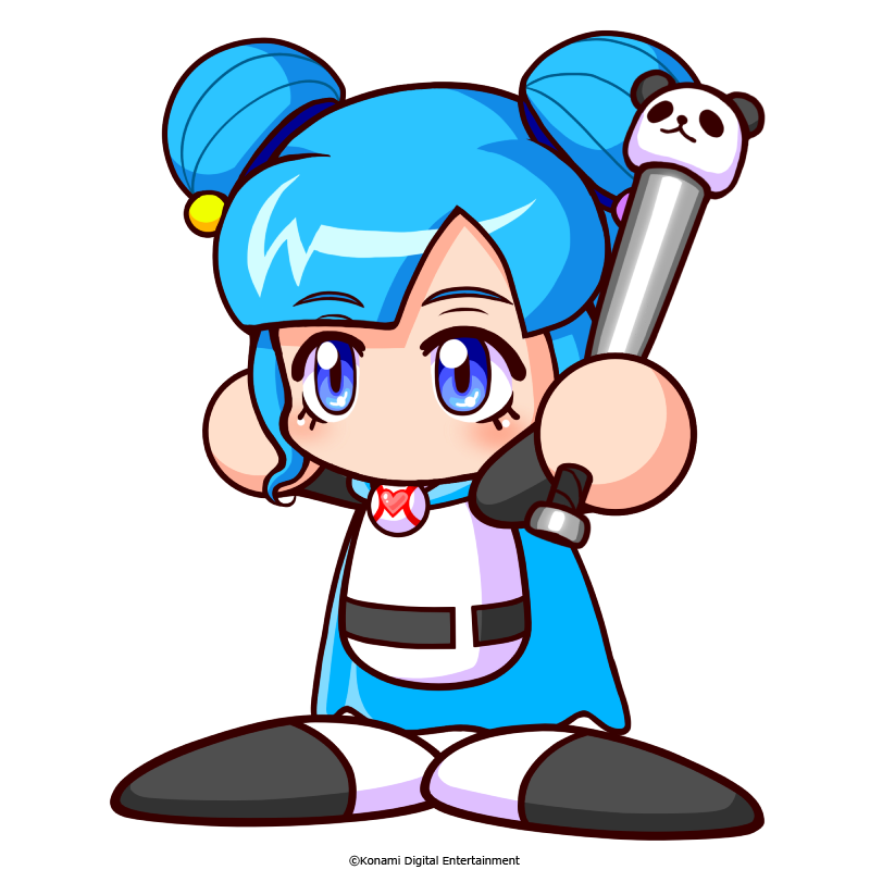 jikkyou powerful pro yakyuu, power pro appli, artist request, commentary request, official art, 1girl, arms up, baseball uniform, beads, black shirt, black shoes, blue cape, blue eyes, blue hair, cape, copyright notice, double bun, hair beads, hair bun, hair ornament, jikkyou powerful pro yakyuu (style), mage staff, majika ruu, multicolored shirt, multicolored shoes, no mouth, panda ornament, rayman limbs, shirt, shoes, solo, sportswear, staff, two-tone shirt, two-tone shoes, white background, white shirt, white shoes