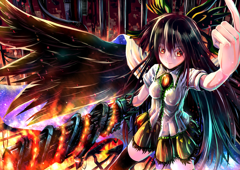 kabutoyama, reiuji utsuho, touhou, 1girl, alternate weapon, arm cannon, black hair, bow, female focus, hair bow, long hair, orange eyes, skirt, solo, thighhighs, weapon, wings