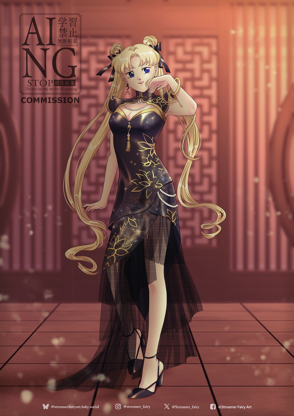 koya, tsukino usagi, bishoujo senshi sailor moon, commentary request, commission, highres, pixiv commission, 1girl, alternate costume, black dress, blonde hair, blue eyes, breasts, china dress, chinese clothes, cleavage, corruption, dark persona, double bun, dress, earrings, gem, hair bun, high heels, jewelry, long hair, parted bangs, pearl (gemstone), smile, solo, twintails, very long hair