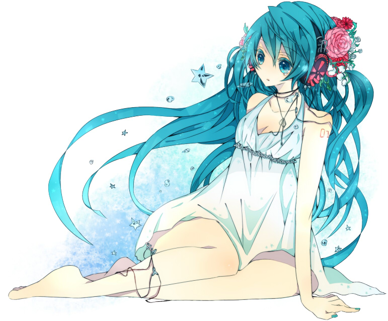 chidori (@rom), hatsune miku, vocaloid, bad id, bad pixiv id, 1girl, aqua eyes, aqua hair, barefoot, blue nails, dress, female focus, flower, hair flower, hair ornament, headphones, legs, long hair, nail polish, rose, simple background, sitting, solo, star (symbol), twintails, very long hair, white dress, yokozuwari