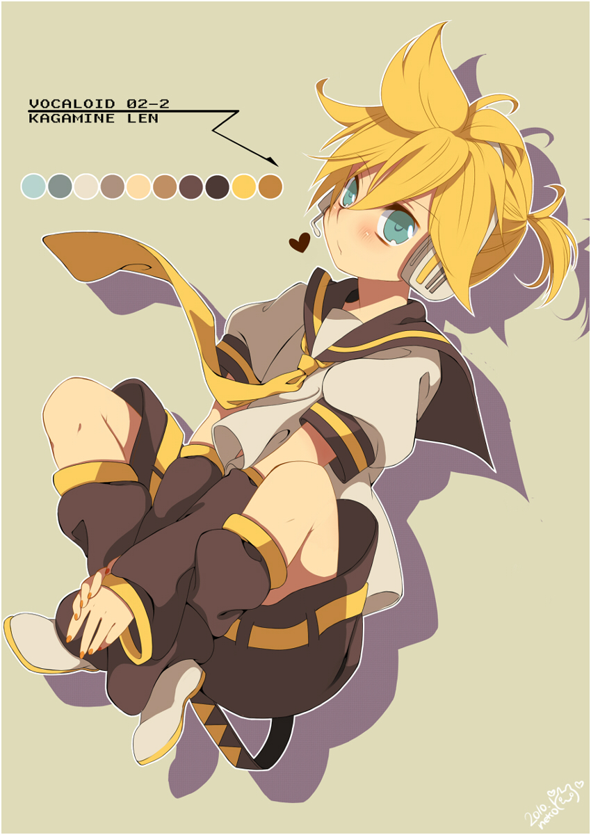 neko (natsuiroclassic), kagamine len, vocaloid, highres, 1boy, aqua eyes, blonde hair, crossed legs, headphones, headset, indian style, male focus, necktie, shorts, simple background, sitting, solo, yellow necktie