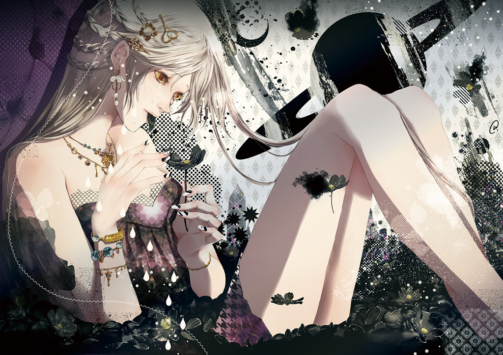 yuu (arcadia), original, 1girl, blonde hair, bracelet, braid, dress, eating, female focus, flower, hair ornament, hairclip, houndstooth, jewelry, lots of jewelry, moon, multiple bracelets, nail art, nail polish, necklace, petals, saturn (planet), solo, tears, unmoving pattern, yellow eyes