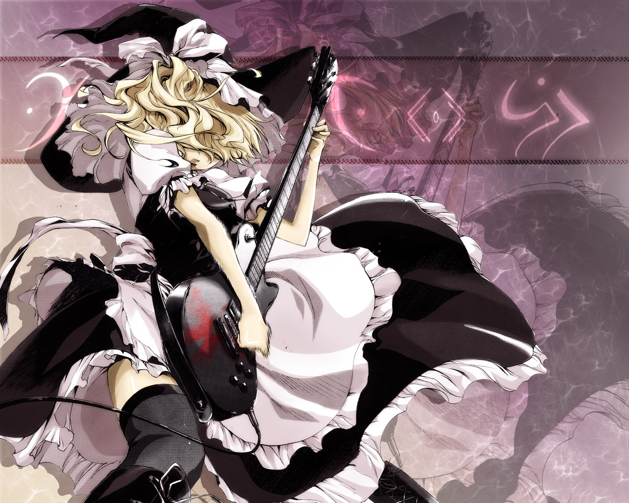 ushiromiya jessica, touhou, umineko no naku koro ni, 00s, 1girl, blonde hair, cosplay, female focus, guitar, hat, instrument, kirisame marisa (cosplay), solo, thighhighs