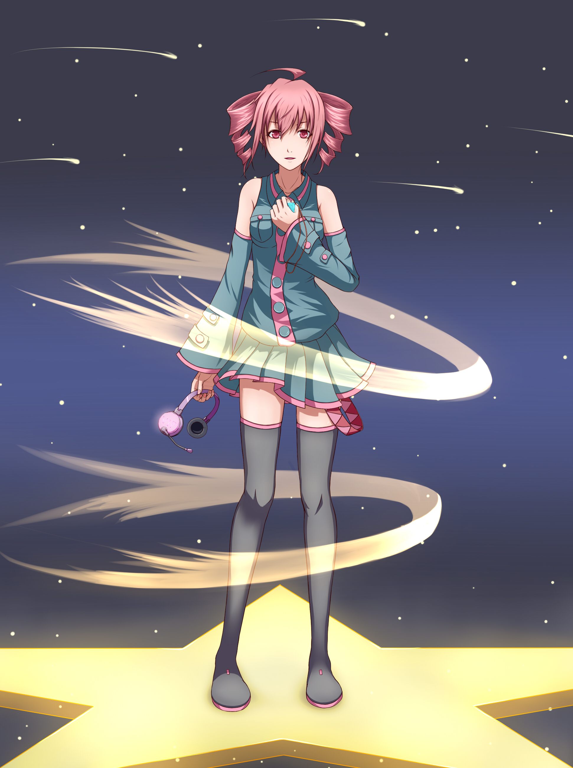 astn, asuto3, kasane teto, kasane teto (utau), utau, vocaloid, absurdres, highres, 1girl, detached sleeves, drill hair, female focus, headset, pink eyes, pink hair, skirt, solo, star (symbol), thighhighs, twin drills, twintails, wind