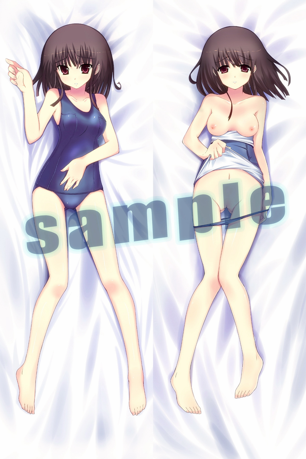 kendo (artist), sengoku nadeko, bakemonogatari, monogatari (series), bad id, bad pixiv id, highres, 00s, 1girl, barefoot, blush, breasts, brown hair, censored, clothes lift, clothes pull, dakimakura (medium), legs, long legs, lying, medium breasts, multiple views, navel, nipples, on back, one-piece swimsuit, one-piece swimsuit pull, pulling own clothes, pussy, red eyes, sample watermark, school swimsuit, swimsuit, swimsuit lift, watermark