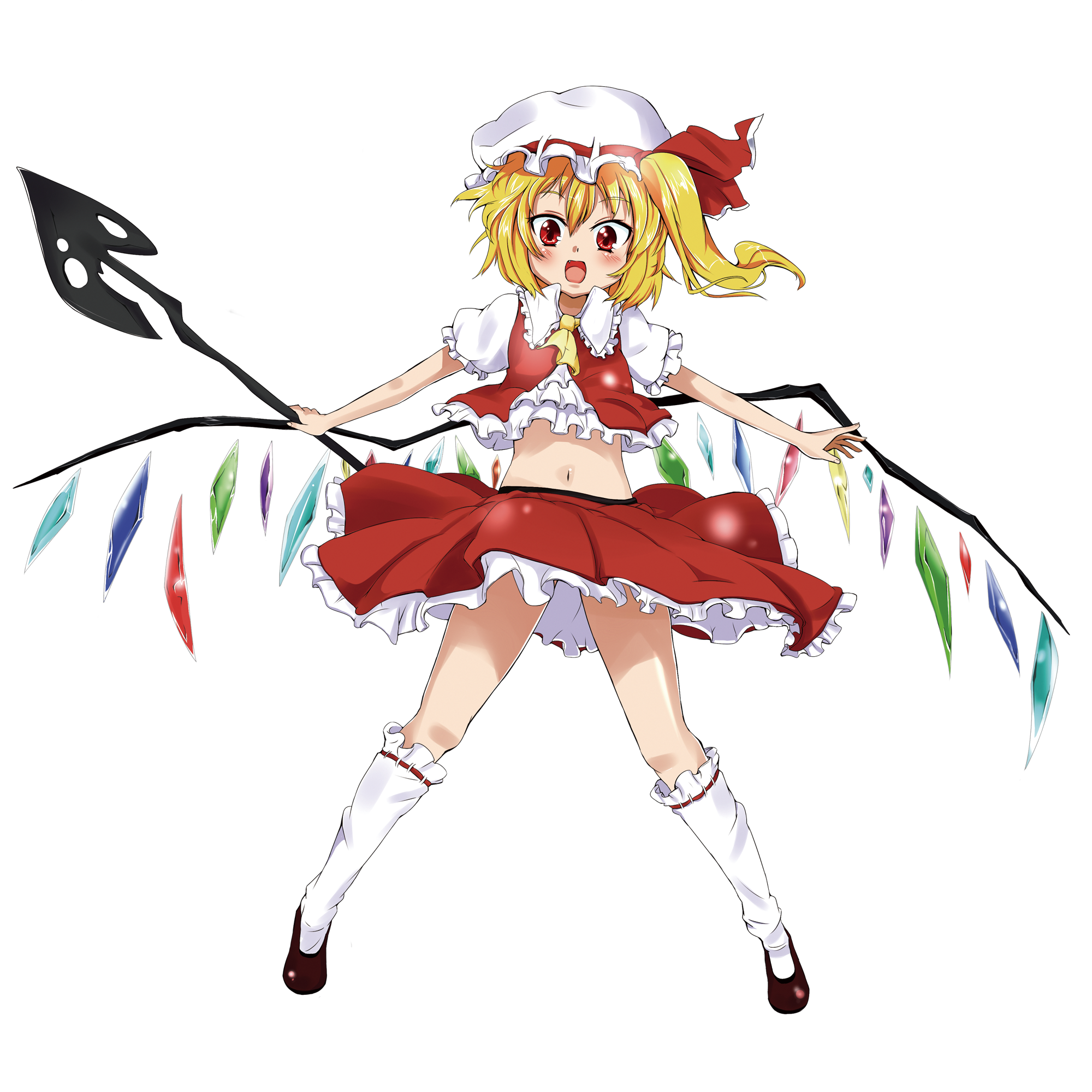 yasuda, flandre scarlet, touhou, bad id, bad pixiv id, duplicate, highres, 1girl, blonde hair, female focus, full body, hat, laevatein, navel, red eyes, shoes, short hair, side ponytail, socks, solo, standing, transparent background, wings