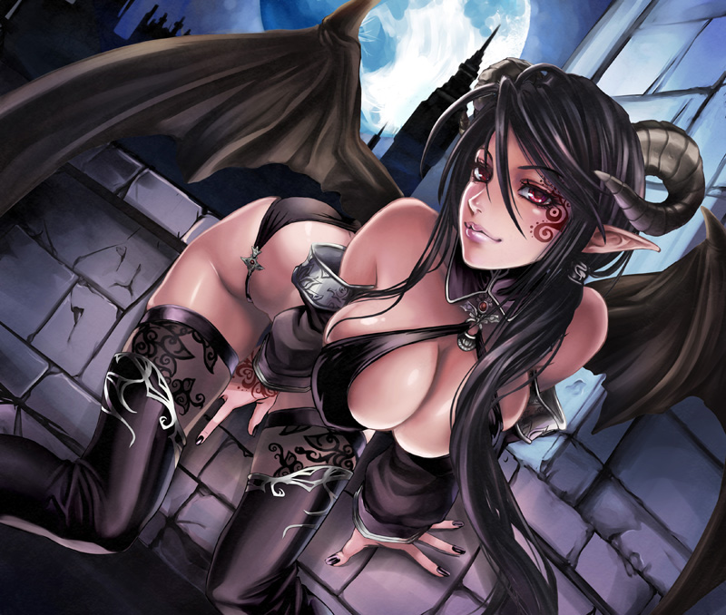 sadakage, original, 1girl, bat wings, black hair, black nails, breasts, cleavage, demon girl, dutch angle, female focus, horns, huge breasts, leaning forward, lips, long hair, looking at viewer, moon, nail polish, night, outdoors, pointy ears, red eyes, smile, solo, tattoo, thighhighs, wings