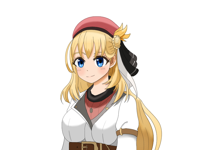 agnes claudel, eiyuu densetsu, kuro no kiseki (series), kuro no kiseki i, commentary request, 1girl, belt, beret, blonde hair, blue eyes, braid, braided bun, breasts, bun with braided base, coat, collared shrug, hair between eyes, hair bun, hat, light smile, long hair, red hat, shrug (clothing), simple background, single hair bun