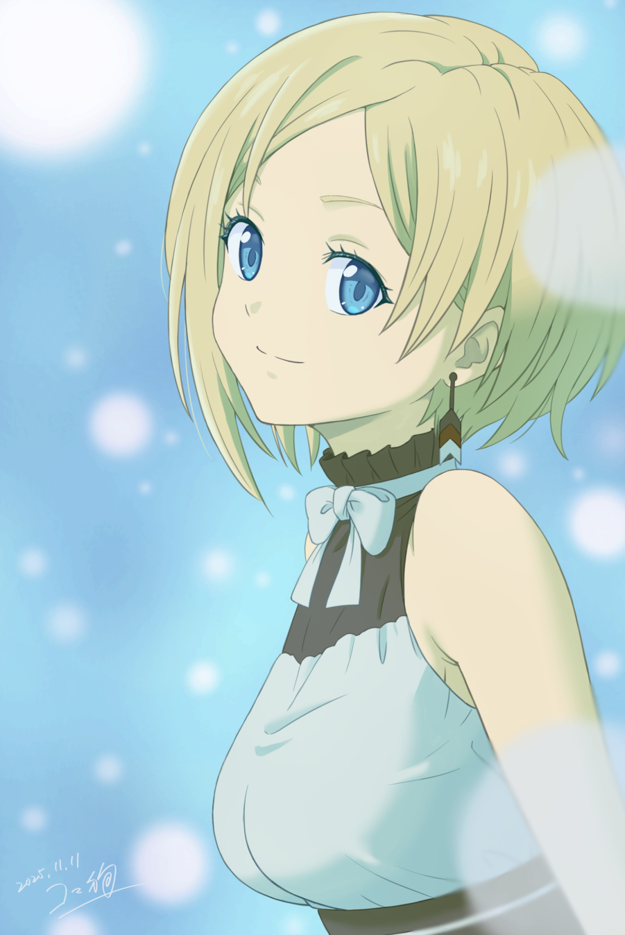 koma inu (komainu mainu), sara (mushoku tensei), mushoku tensei, commentary, highres, 1girl, bare shoulders, blonde hair, blue background, blue eyes, bow, bowtie, breasts, closed mouth, dated, earrings, feather earrings, feathers, gradient background, jewelry, looking at viewer, medium breasts, shirt, short hair, signature, sleeveless, sleeveless shirt, solo, upper body, white bow, white bowtie, white shirt