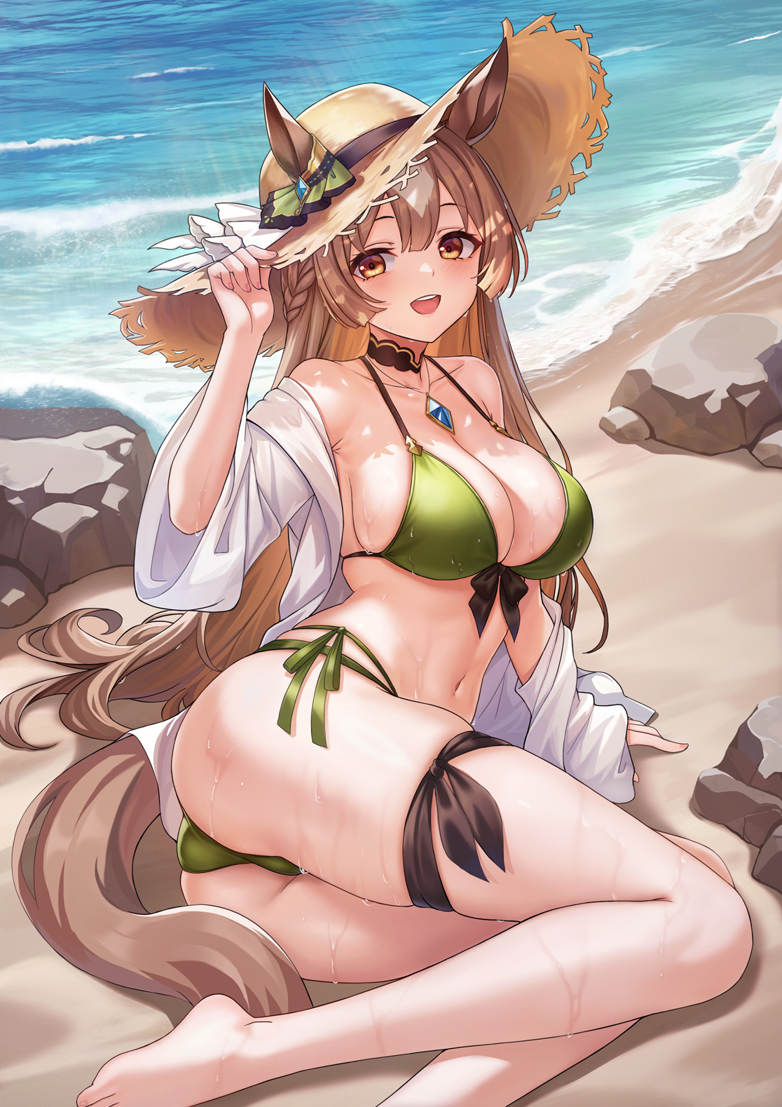 vococo, satono diamond (umamusume), umamusume, commentary request, highres, 1girl, alternate costume, animal ears, ass, beach, bikini, breasts, brown hair, green bikini, hat, horse ears, horse girl, horse tail, multicolored hair, navel, open mouth, rock, sand, solo, straw hat, streaked hair, sun hat, swimsuit, tail