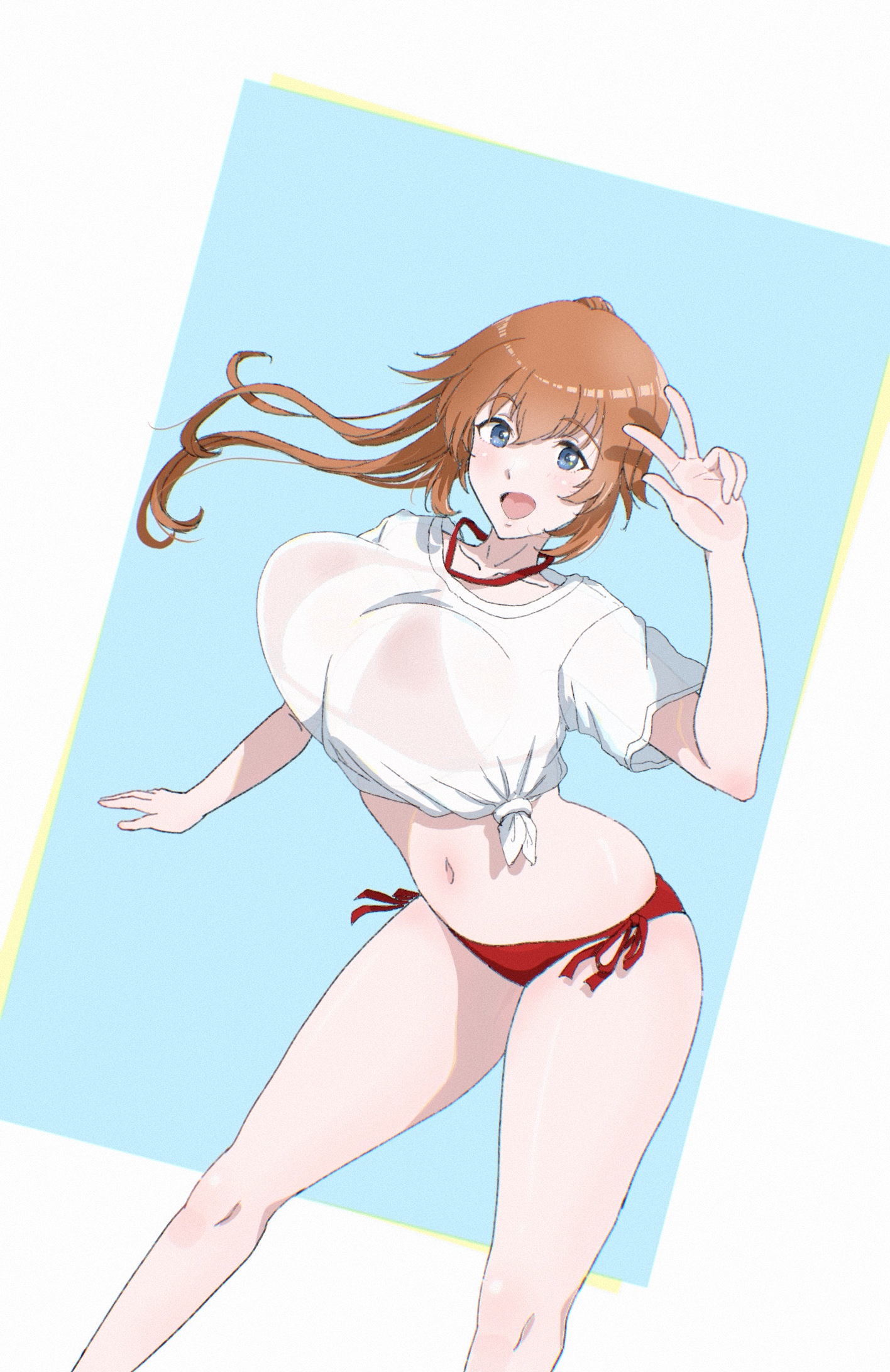 osage gankyou, charlotte e. yeager, strike witches, world witches series, commentary request, highres, 1girl, bikini, bikini under clothes, blue eyes, breasts, brown hair, feet out of frame, long hair, ponytail, red bikini, shirt, side-tie bikini bottom, solo, standing, swimsuit, t-shirt, tied shirt, v, white shirt