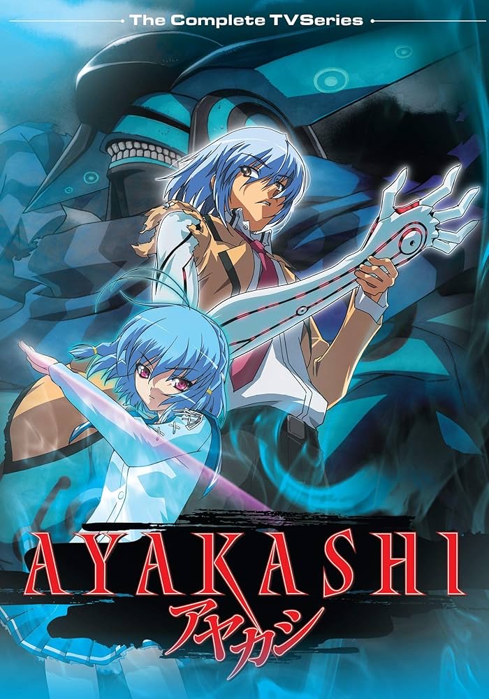 eimu yoake, yoake eimu, ayakashi, official art, 1boy, 1girl, action scene, blue hair, dragon, dynamic angle, energy aura, giant creature, glowing, glowing eyes, monster, school uniform, yuu kusaka