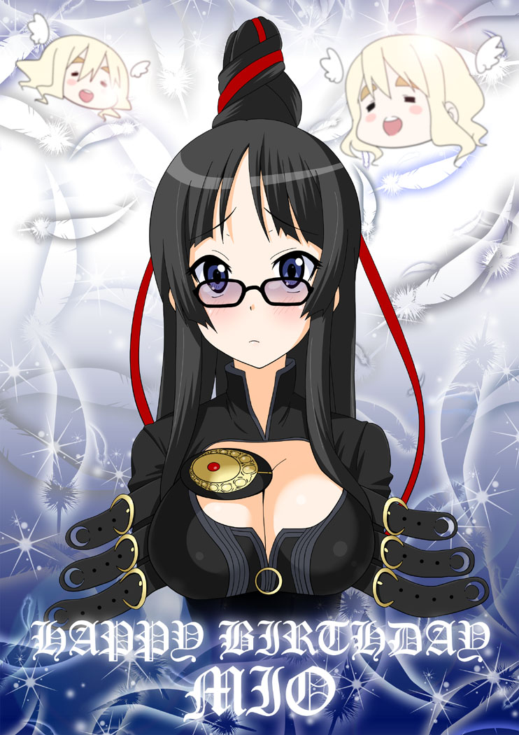 eunos, akiyama mio, bayonetta, kotobuki tsumugi, bayonetta (series), bayonetta 1, k-on!, md5 mismatch, 1girl, bayonetta (cosplay), black hair, blue eyes, breasts, cleavage, cleavage cutout, clothing cutout, cosplay, glasses, happy birthday, large breasts, parody