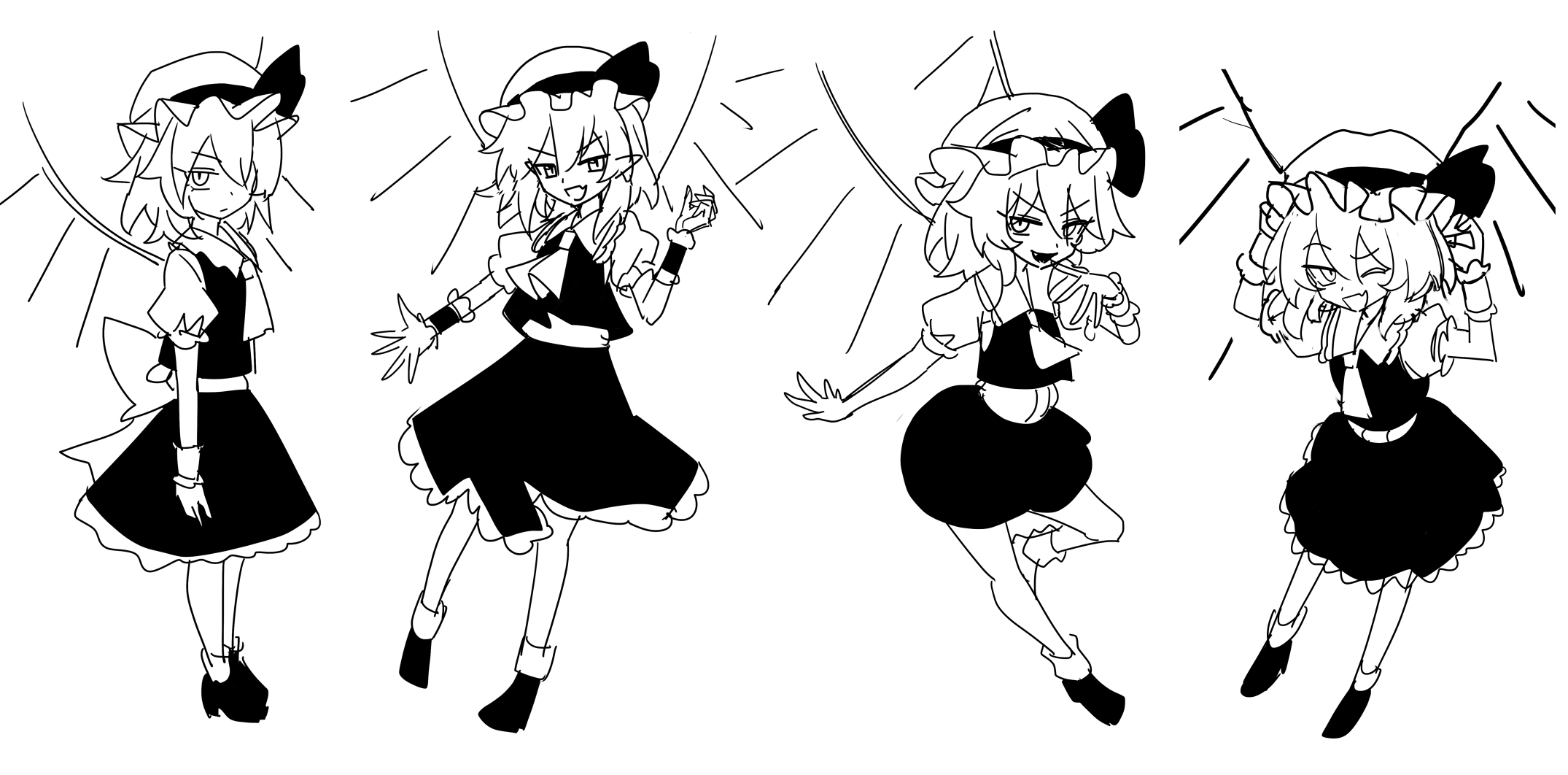 e.o., flandre scarlet, touhou, commentary, highres, 4girls, ascot, clone, fang, four of a kind (touhou), frilled skirt, frills, hat, looking at viewer, mob cap, multiple girls, one eye closed, one side up, open mouth, pointy ears, puffy short sleeves, puffy sleeves, shoes, short sleeves, sketch, skin fang, skirt, smile, socks, vest, wings, wrist cuffs