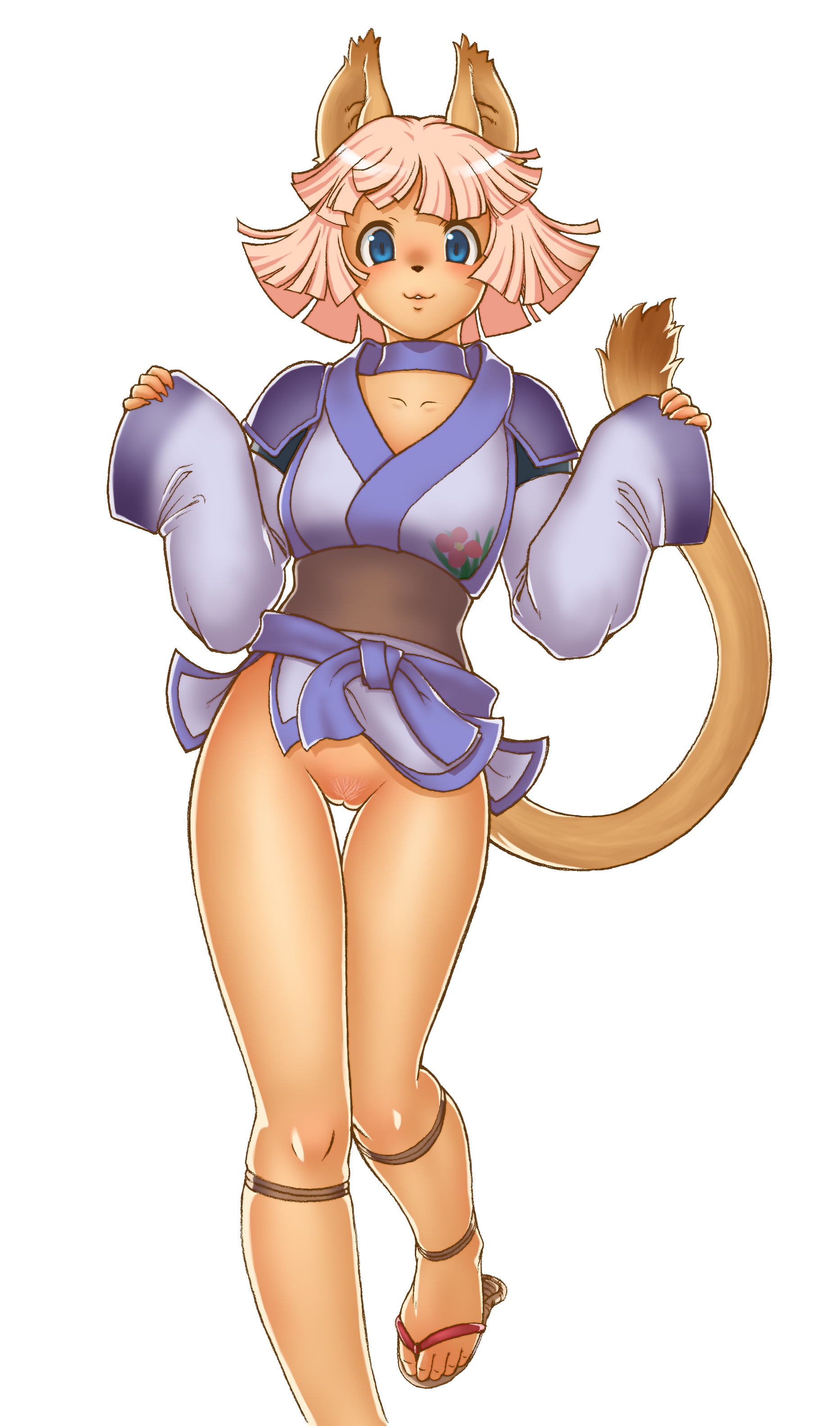 gochou (kedama), mithra (ff11), final fantasy, final fantasy xi, absurdres, highres, 00s, 1girl, animal ears, blue kimono, cat ears, cat girl, choker, cleft of venus, colored pubic hair, female focus, female pubic hair, japanese clothes, kimono, no panties, pink pubic hair, pubic hair, pussy, sandals, shiny skin, simple background, solo, thigh gap, thighs, yukata, zouri