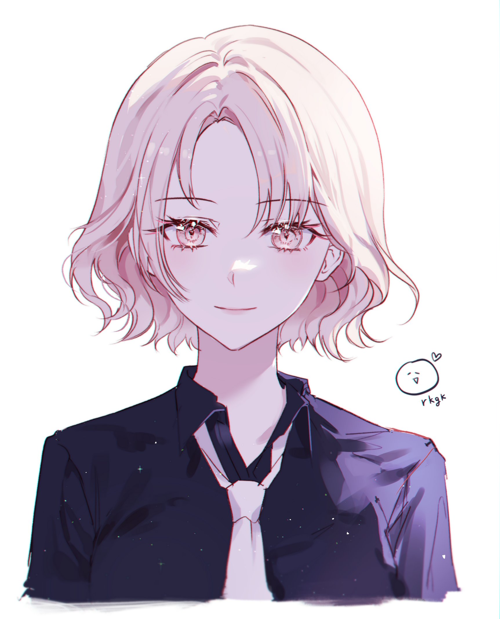 mop 0211, akiyama yuuki, project sekai, commentary request, highres, korean commentary, 1girl, closed mouth, collared shirt, heart, looking at viewer, necktie, pink eyes, pink hair, shirt, short hair, simple background, smile, solo, upper body, white background, white necktie