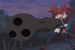 etna (disgaea), disgaea, screencap, animated, animated gif, lowres, 1girl, bat wings, demon, demon girl, demon tail, demon wings, earrings, elbow gloves, female focus, gatling gun, gloves, gun, jewelry, loli, red hair, solo, tail, thighhighs, twintails, weapon, wings, yellow eyes