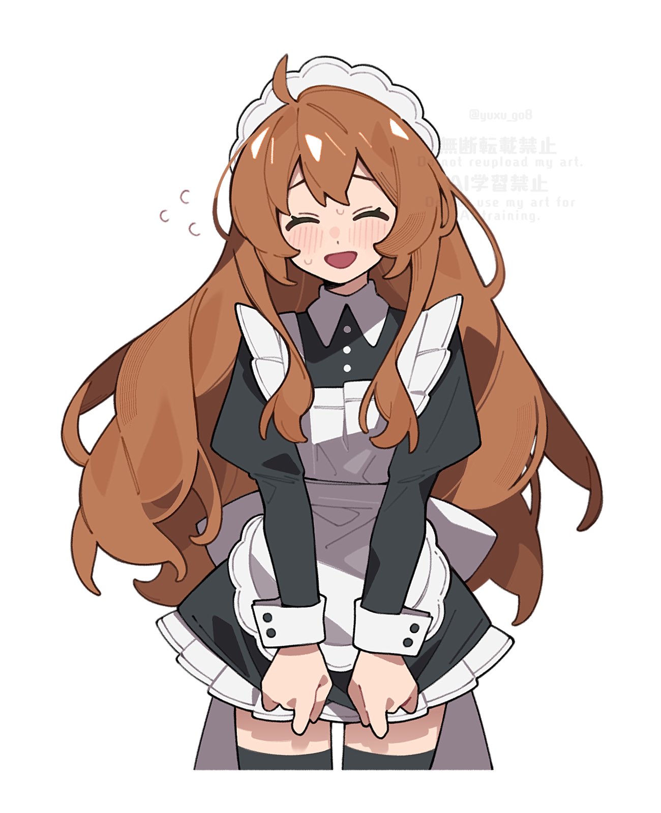 pekaso1118n, original, highres, ahoge, apron, black dress, black thighhighs, blush, breasts, brown hair, clothes pull, collar, cowboy shot, dress, dress pull, ellie (pekaso1118n), embarrassed, flying sweatdrops, head tilt, maid, maid apron, maid headdress, pulling own clothes, small breasts, standing, sweat, thigh gap, thighhighs, wavy hair, wavy sidelocks, white collar