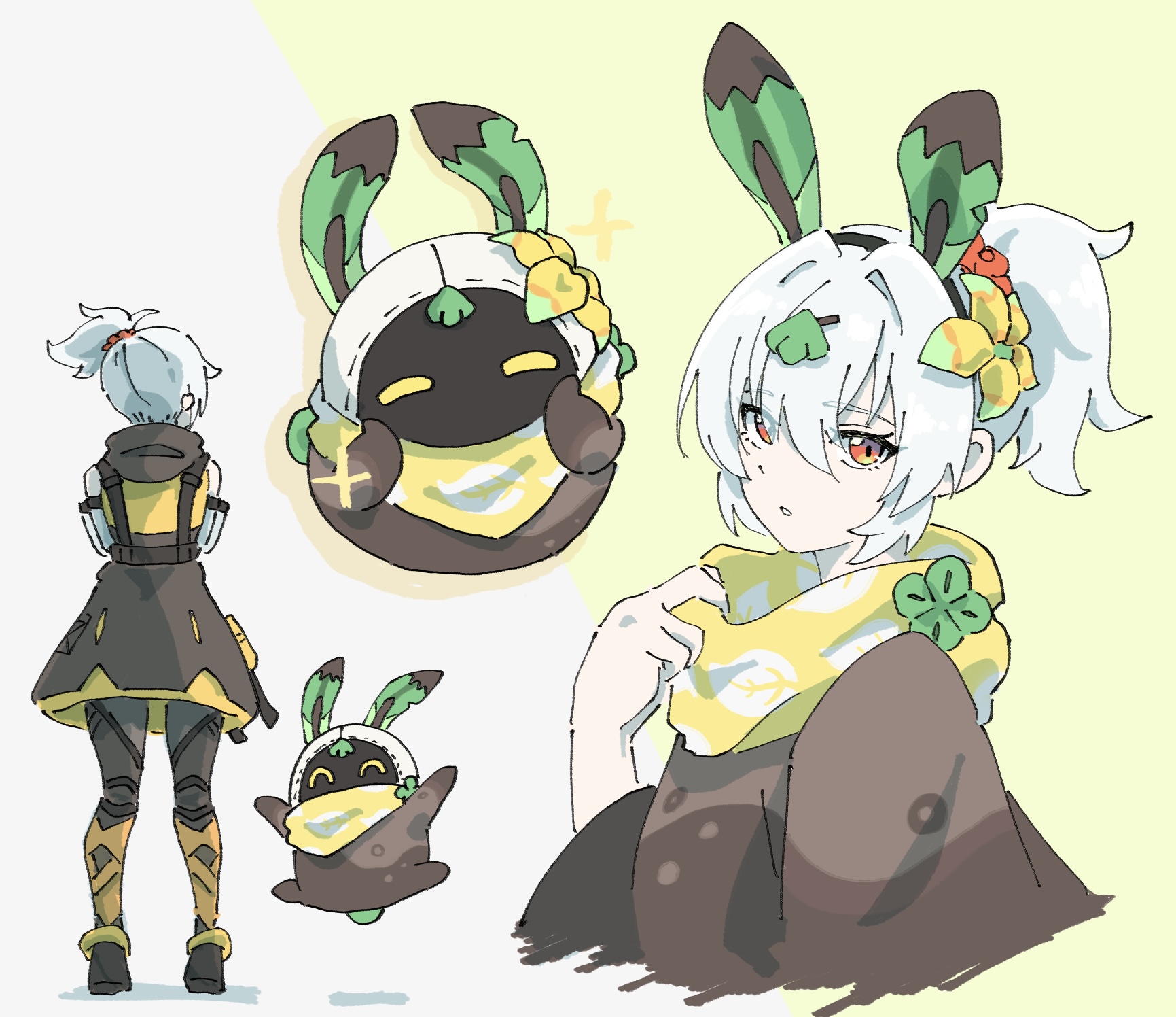 netsu 0716, bangboo (zenless zone zero), soldier 11 (zenless zone zero), zenless zone zero, commentary request, highres, 1girl, alternate costume, animal ears, black dress, dress, fake animal ears, flower, hair between eyes, hair flower, hair ornament, hair up, looking at another, orange dress, orange eyes, ponytail, rabbit ears, sleeveless, sleeveless dress, smile, two-tone dress, white hair