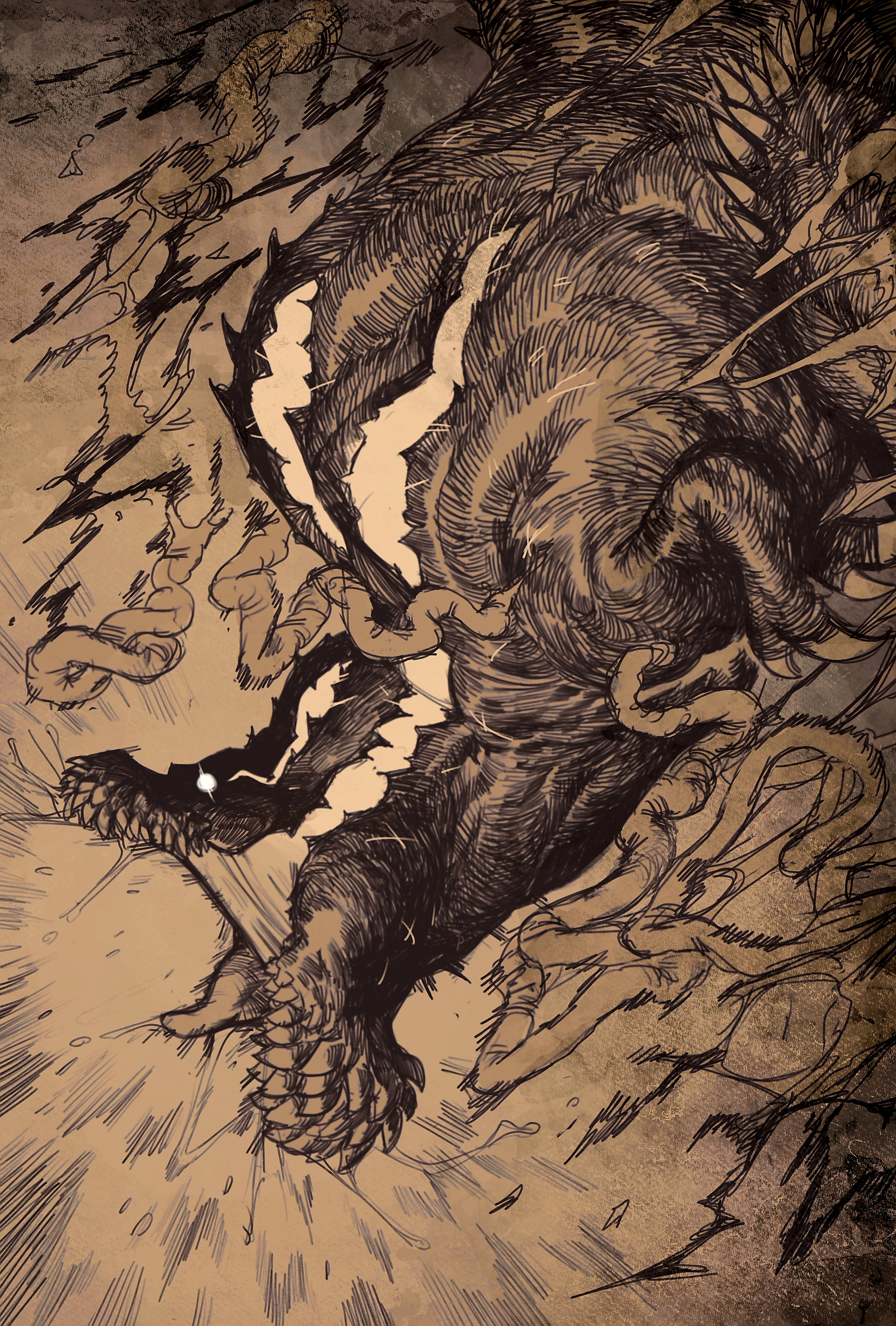 krekkov, deviljho, monster hunter (series), absurdres, commentary, english commentary, highres, 1other, claws, drooling, glowing, glowing eyes, monochrome, monster, no humans, open mouth, roaring, solo, teeth