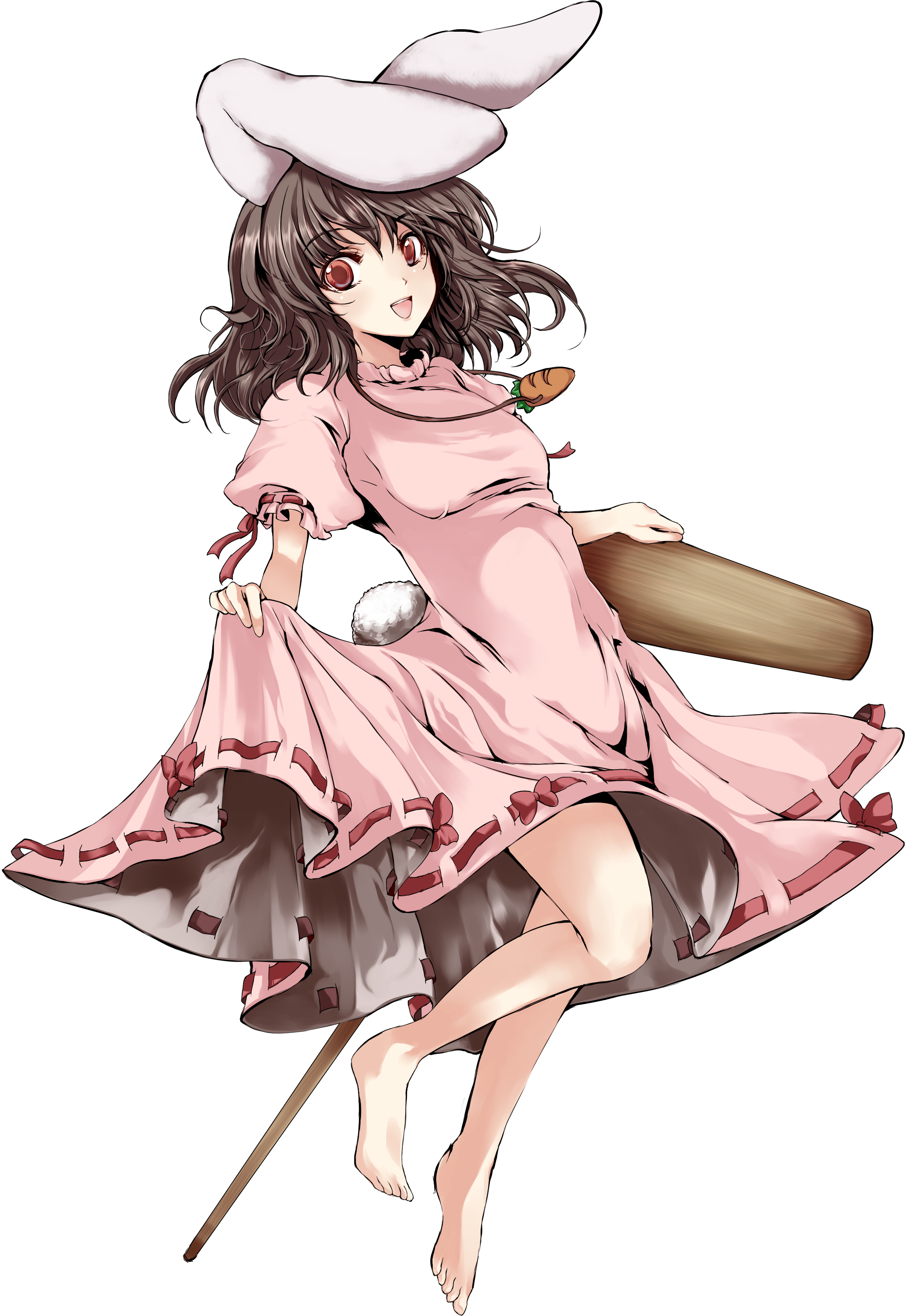 atoshi, inaba tewi, touhou, absurdres, bad id, bad pixiv id, highres, 1girl, animal ears, artistic error, bad anatomy, bad feet, barefoot, brown hair, curtsey, feet, female focus, full body, kine, mallet, poorly drawn, rabbit ears, rabbit girl, rabbit tail, red eyes, short hair, skirt hold, smile, solo, tail, transparent background