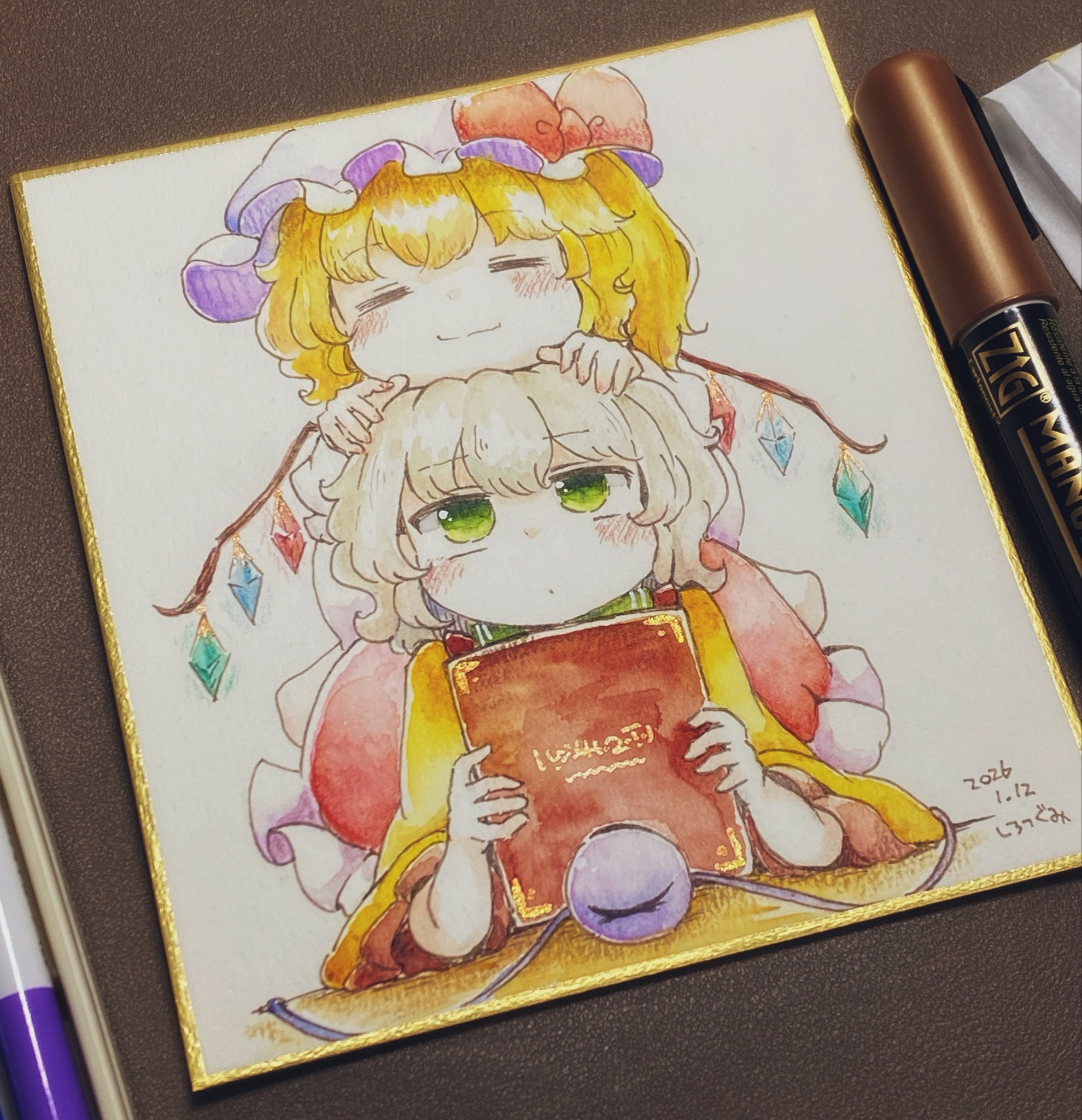 shiro tsugumi, flandre scarlet, komeiji koishi, touhou, commentary request, highres, photo (medium), traditional media, 2girls, art tools in frame, artist name, blonde hair, blush, book, chin rest, closed eyes, closed mouth, collared shirt, crystal, crystal wings, dated, eyeball, facing viewer, frilled shirt collar, frilled skirt, frilled sleeves, frills, hat, head on head, head rest, holding, holding book, mob cap, multicolored wings, multiple girls, no headwear, one side up, red skirt, shikishi, shirt, skirt, smile, third eye, white hat, wings, yellow shirt