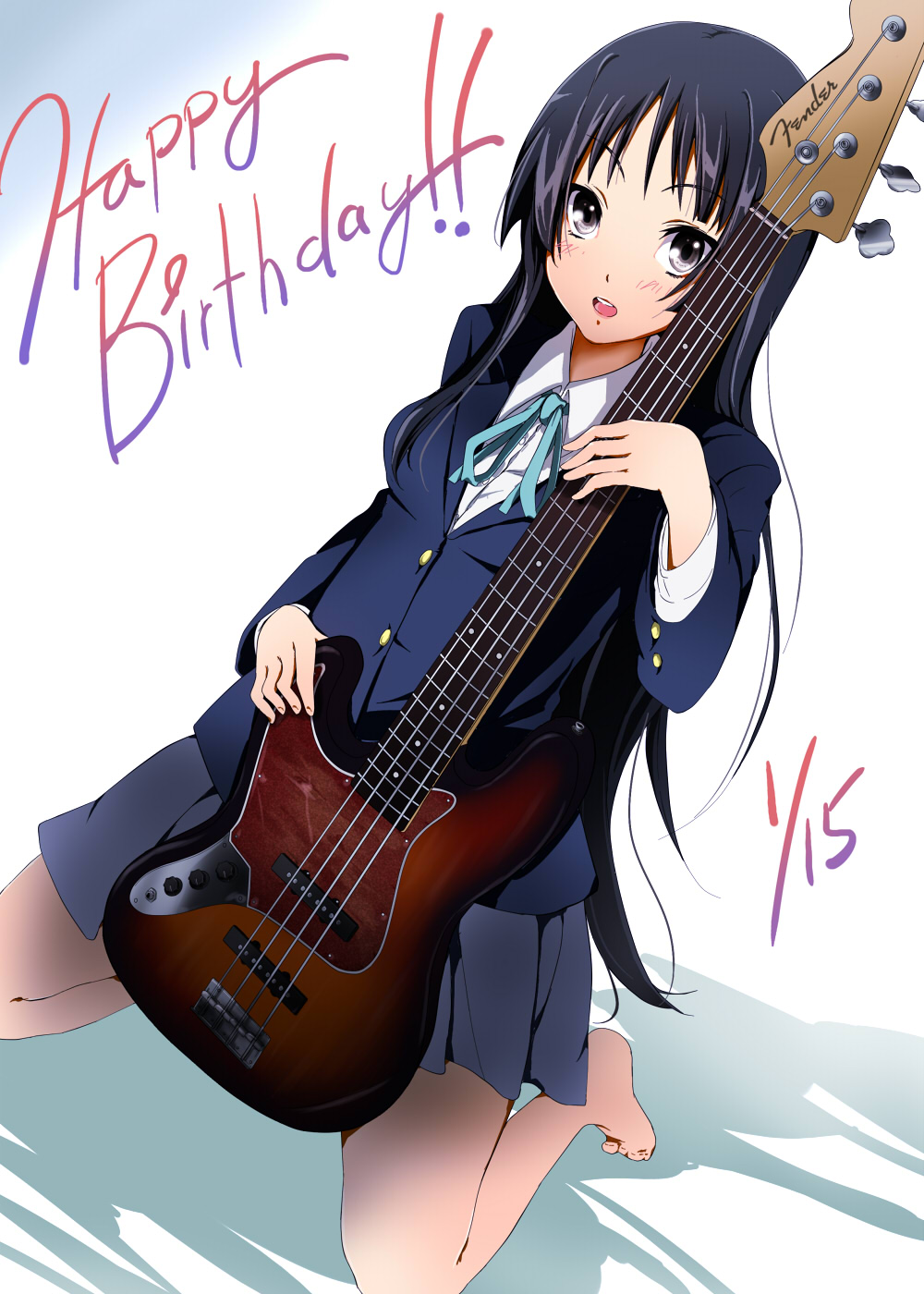 nishiuri warito, akiyama mio, k-on!, bad id, bad pixiv id, highres, 00s, 1girl, barefoot, bass guitar, black eyes, black hair, dutch angle, female focus, guitar, happy birthday, instrument, long hair, school uniform, solo, white background