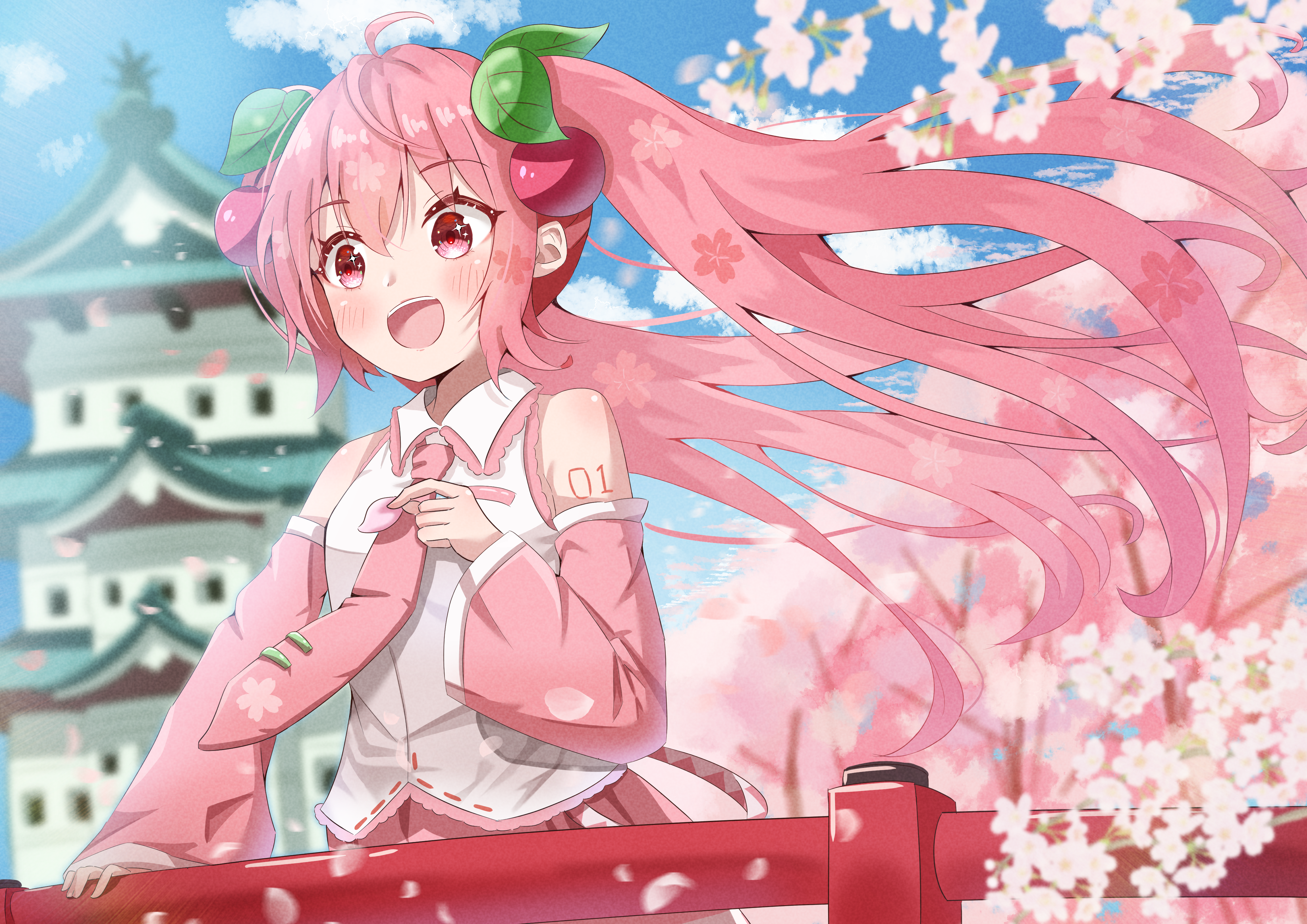 mikumiku37, hatsune miku, sakura miku, vocaloid, absurdres, commentary request, highres, 1girl, arm tattoo, bare shoulders, blush, breasts, cherry blossoms, cherry hair ornament, collared shirt, detached sleeves, falling petals, floral print, flower, food-themed hair ornament, hair between eyes, hair ornament, hirosaki castle, long hair, long sleeves, looking at viewer, medium breasts, miniskirt, necktie, number tattoo, official alternate costume, open mouth, outdoors, petals, pink eyes, pink hair, pink necktie, pink petals, pink skirt, pleated skirt, shirt, skirt, sleeveless, sleeveless shirt, smile, solo, tattoo, tie clip, twintails, very long hair, white trim, wide sleeves
