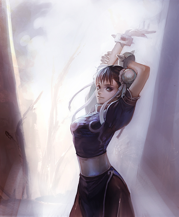 elna, chun-li, capcom, street fighter, bad id, bad pixiv id, 1girl, arms up, brown eyes, brown hair, bun cover, china dress, chinese clothes, double bun, dress, female focus, hair bun, pantyhose, pelvic curtain, solo