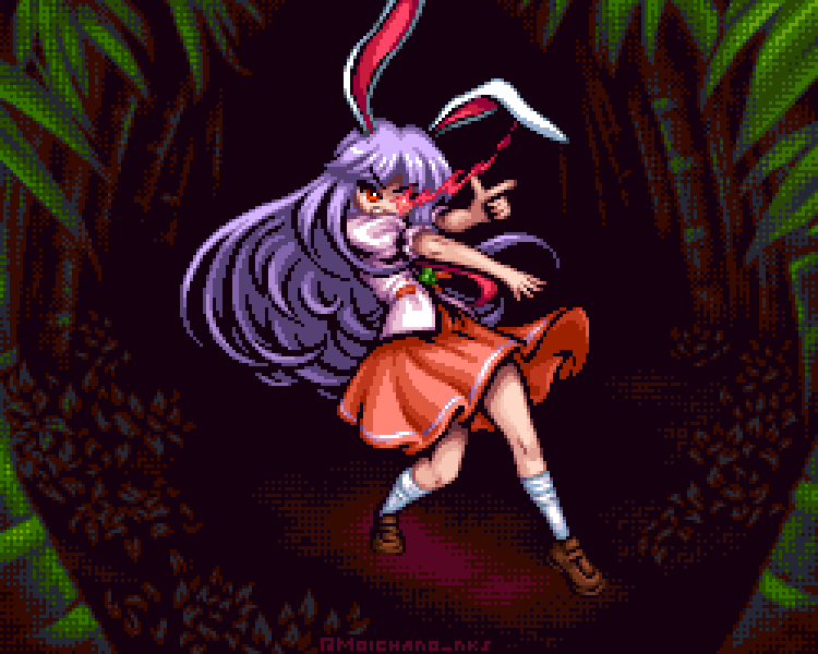 reisen udongein inaba, touhou, 1girl, animal ears, bamboo, bamboo forest, brown shoes, forest, full body, glowing, glowing eye, index finger raised, long hair, moichano, nature, outdoors, pixel art, purple hair, rabbit ears, rabbit girl, red eyes, red skirt, shirt, shoes, skirt, socks, solo, v-shaped eyebrows, white shirt, white socks