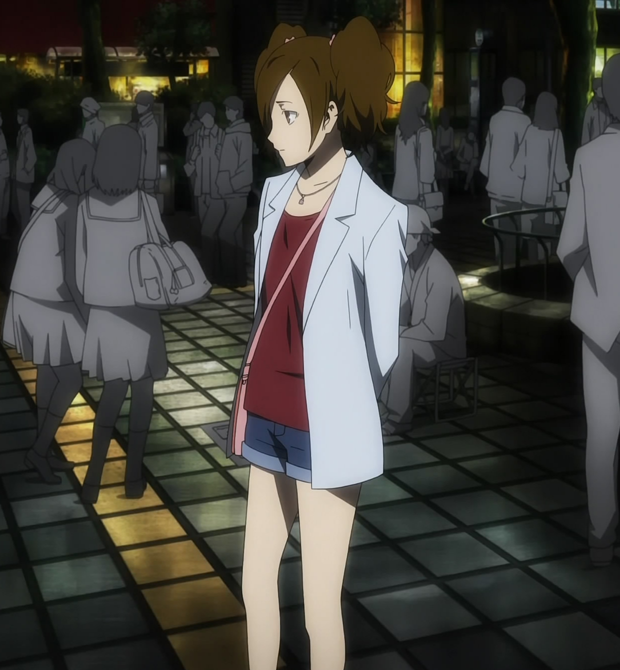 kamichika rio, durarara!!, highres, bag, brown hair, coat, handbag, road, shorts, street