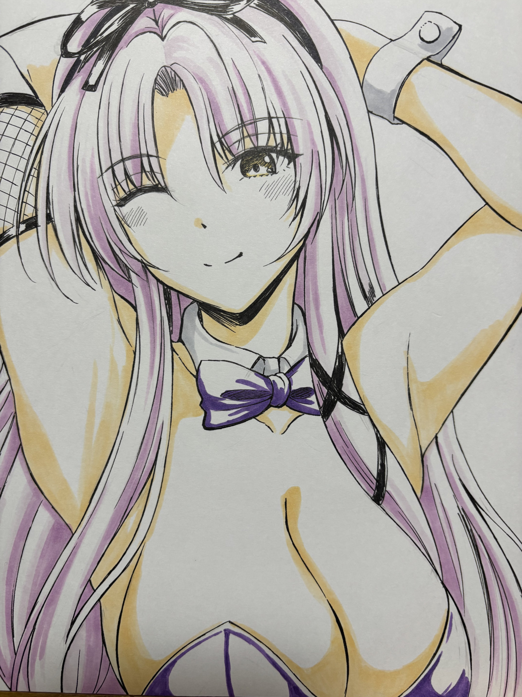 kagura yuuto, renne (eiyuu densetsu), comiket 107, eiyuu densetsu, kuro no kiseki (series), commentary request, highres, photoshop (medium), traditional media, 1girl, animal ear hairband, animal ears, blush, bow, bowtie, braid, breasts, bun with braided base, cleavage, closed mouth, curtained hair, detached collar, double-parted bangs, embarrassed, fake animal ears, hair between eyes, hair bun, hairband, leotard, looking at viewer, one eye closed, parted bangs, playboy bunny, portrait, purple bow, purple bowtie, purple hair, purple leotard, rabbit ear hairband, rabbit ears, single fishnet armwear, single side bun, smile, solo, strapless, strapless leotard, traditional bowtie, two side up, white wrist cuffs, wrist cuffs, yellow eyes